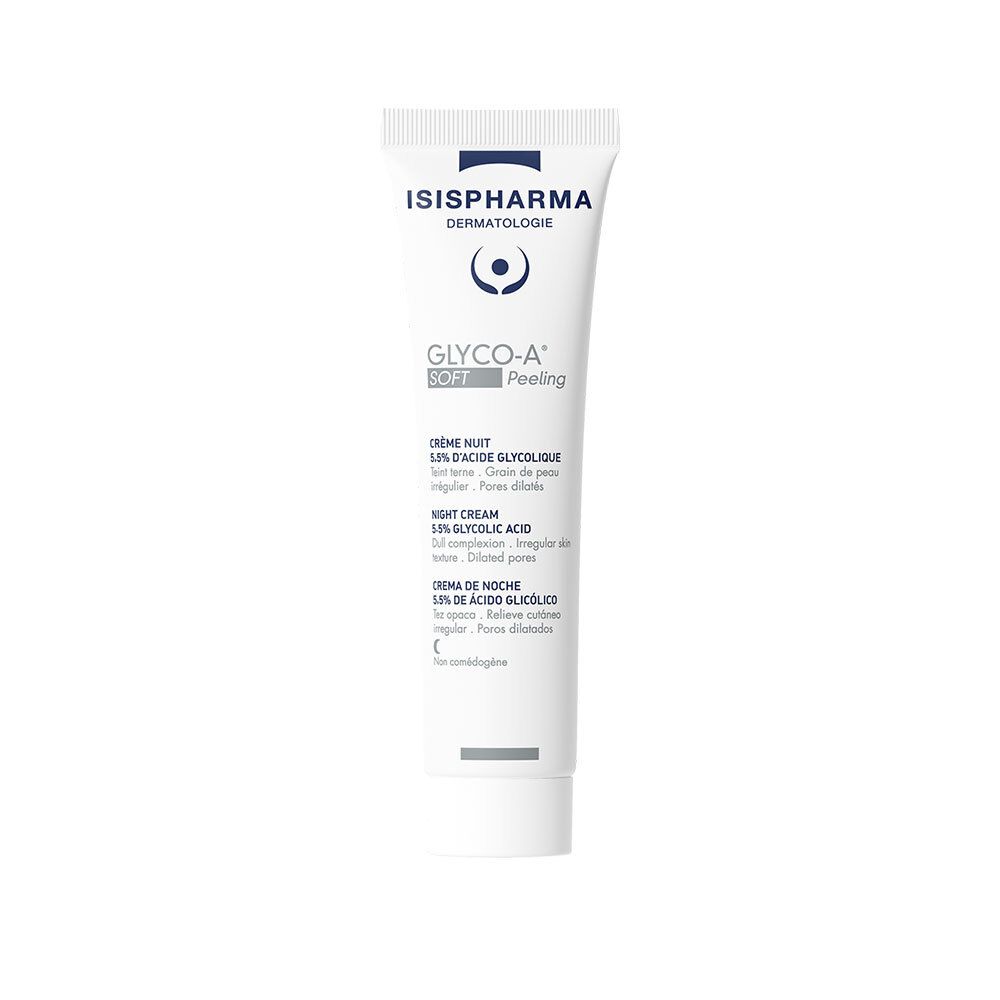Weiße Tube mit ISISPHARMA-Logo und Produktnamen GLYCO-A Soft Peeling. Text: Crème Nuit, 5.5% Glykolsäure.