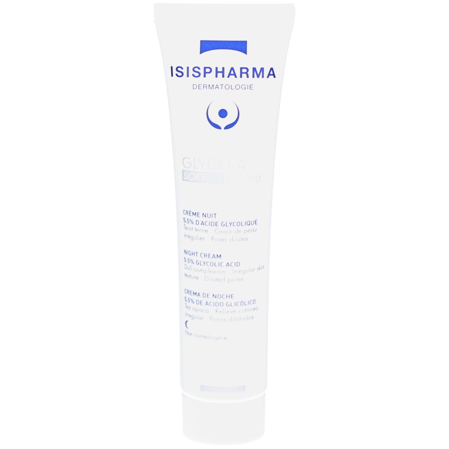 Weiße Tube mit ISISPHARMA-Logo und GLYCO-A Soft Peeling. Text: Crème Nuit, 5.5% Glykolsäure. Produktname und Marke.