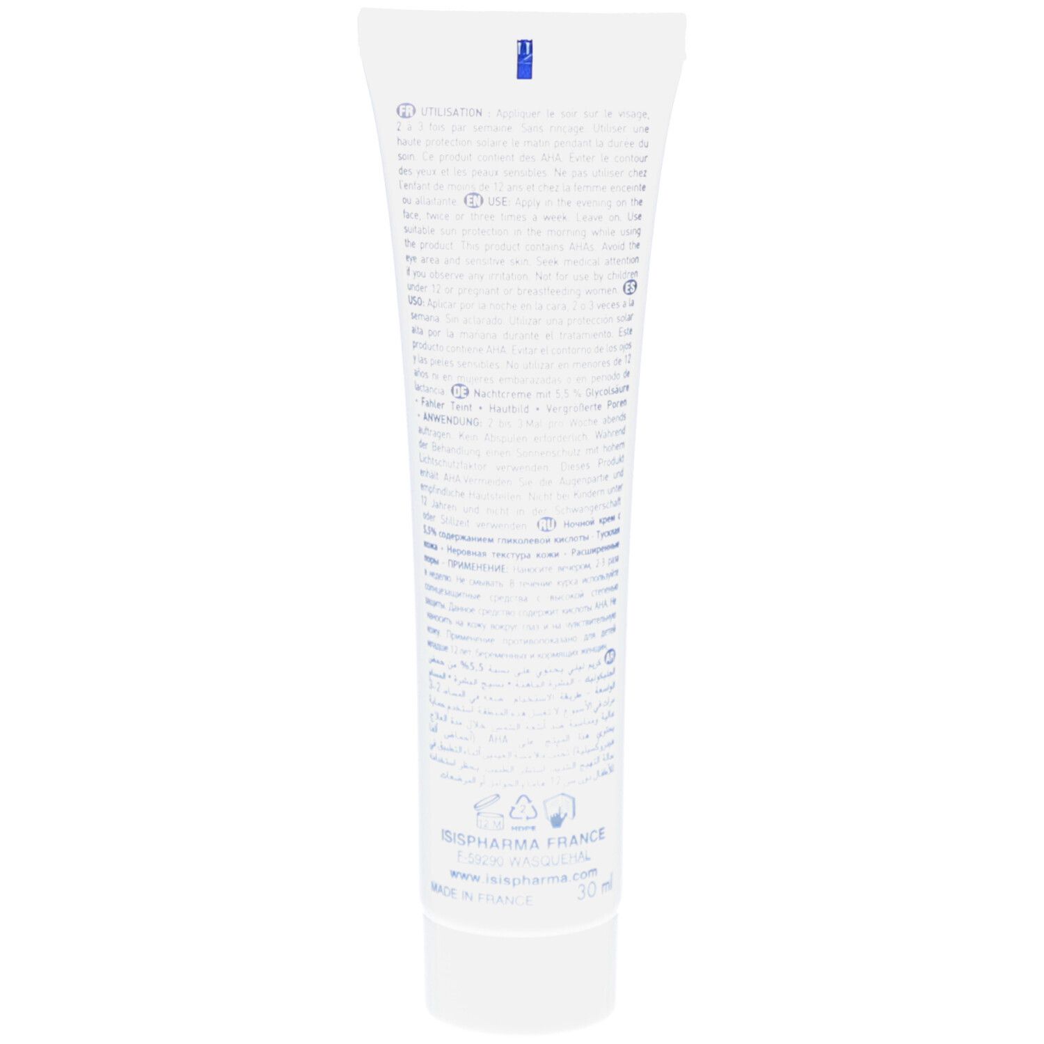 Rückseite der weißen Tube. Text in mehreren Sprachen, darunter Anwendungshinweise und Inhaltsstoffe. ISISPHARMA-Logo.