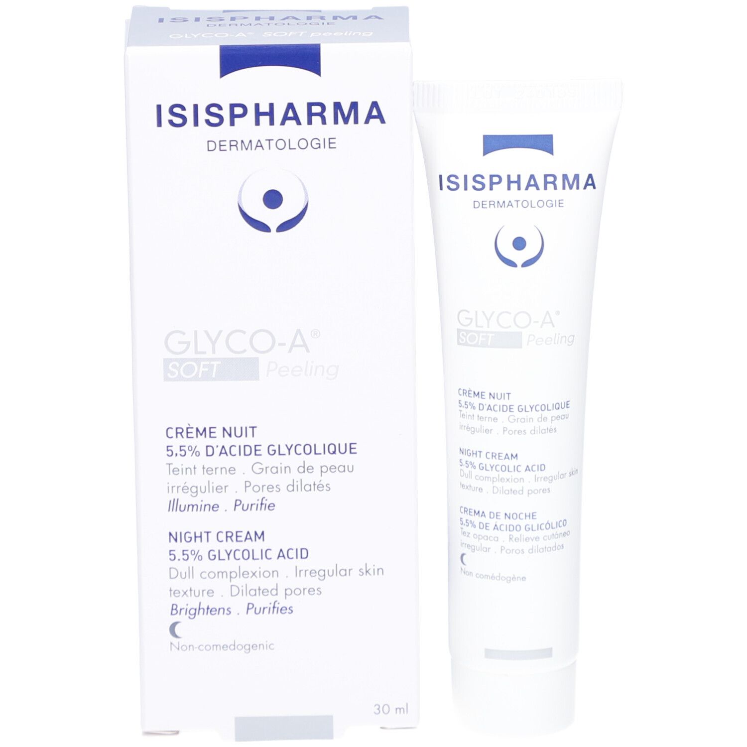 Produktverpackung: Tube und Schachtel. Schachtel mit ISISPHARMA-Logo und GLYCO-A Soft Peeling. Text: Crème Nuit, 5.5% Glykolsäure.