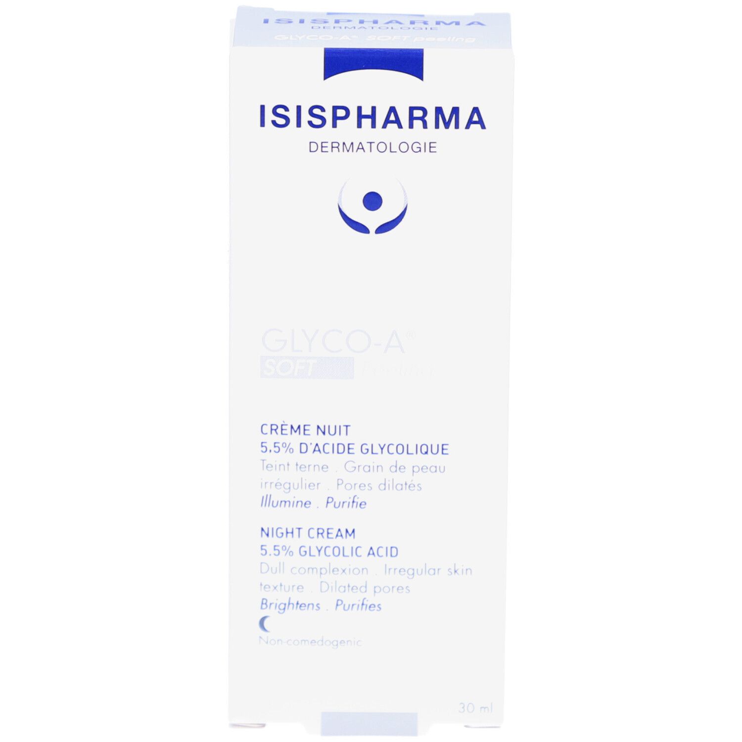 Produktverpackung: Schachtel. ISISPHARMA-Logo und GLYCO-A Soft Peeling. Text: Crème Nuit, 5.5% Glykolsäure. Inhaltsstoffe.