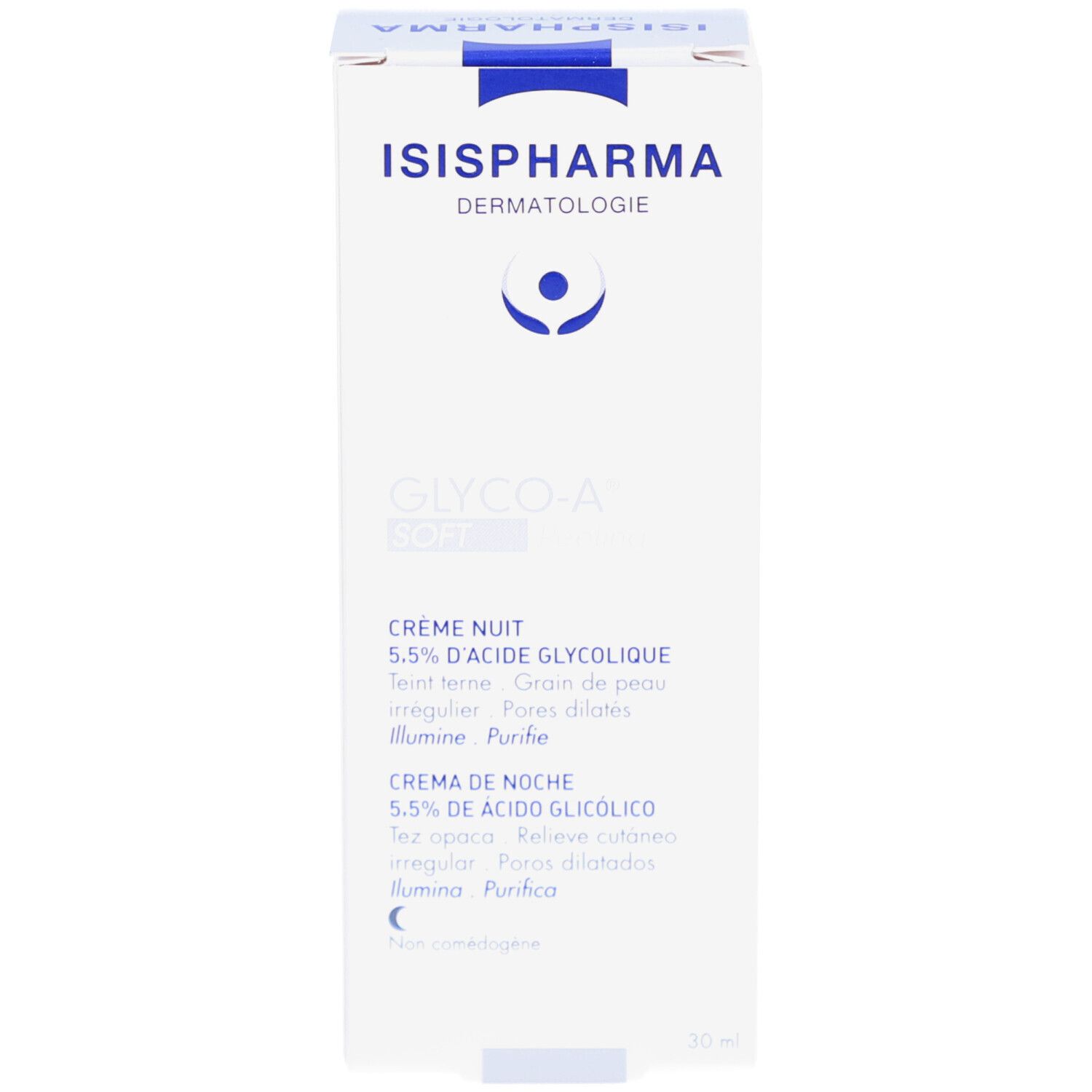 Produktverpackung: Schachtel. ISISPHARMA-Logo und GLYCO-A Soft Peeling. Text: Crème Nuit, 5.5% Glykolsäure. Inhaltsstoffe.