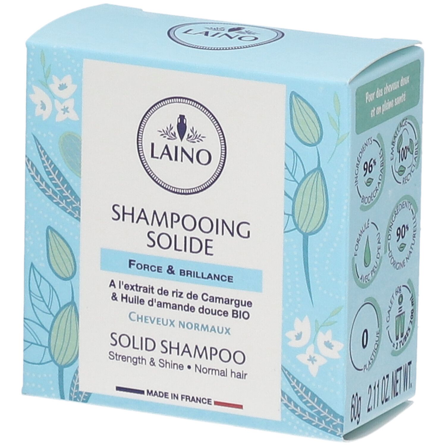 Hellblaue Schachtel mit LAINO-Logo und Produktbezeichnung „Shampooing Solide“. Enthält Informationen zu Inhaltsstoffen und Zertifizierungen.