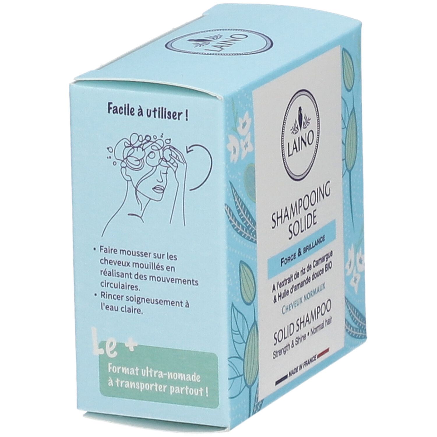 Hellblaue Schachtel mit LAINO-Logo und Produktbezeichnung. Zeigt eine Illustration der Anwendung. Enthält Informationen zur Anwendung.