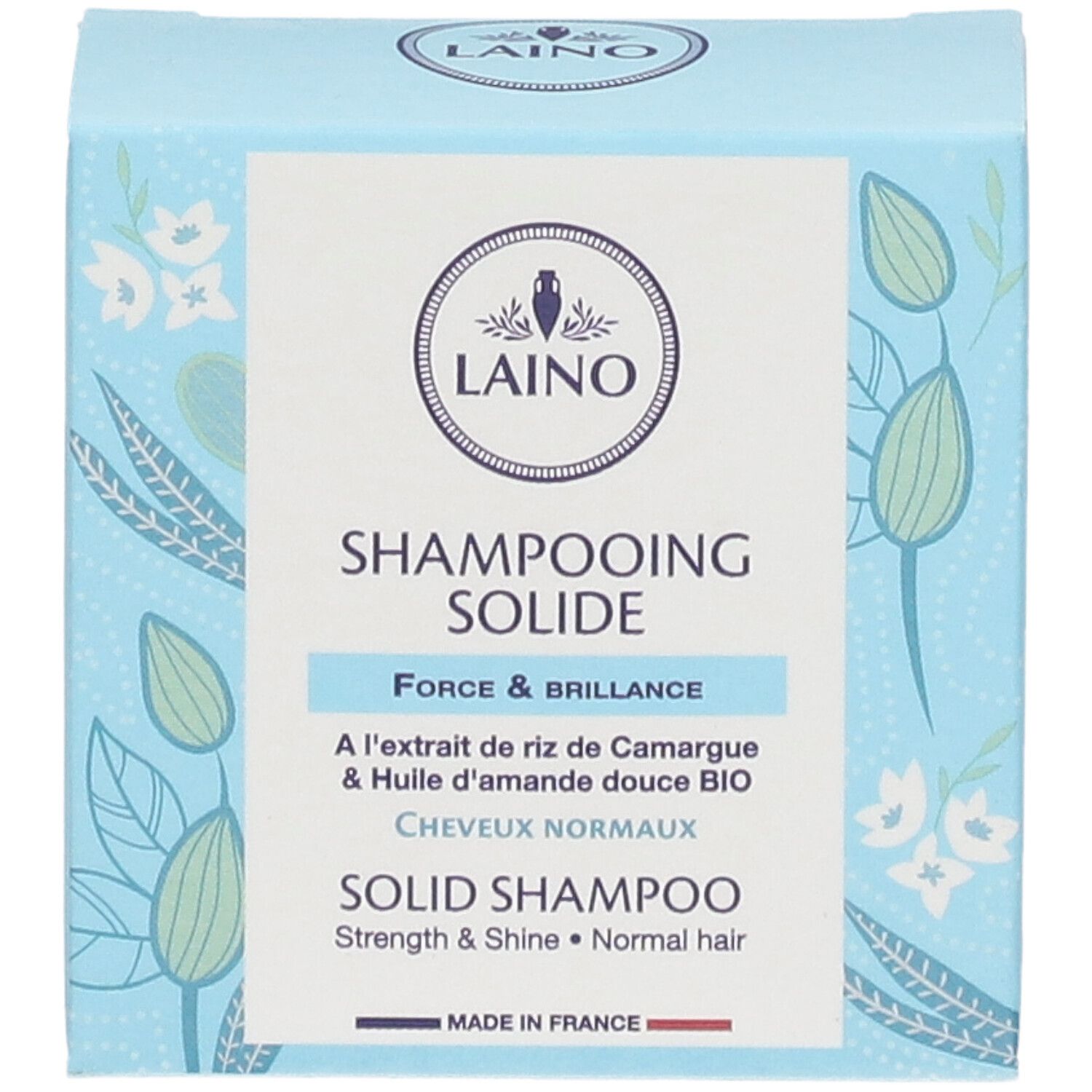Hellblaue Schachtel mit LAINO-Logo und Produktbezeichnung „Shampooing Solide“. Enthält Informationen zu Inhaltsstoffen und Zertifizierungen.