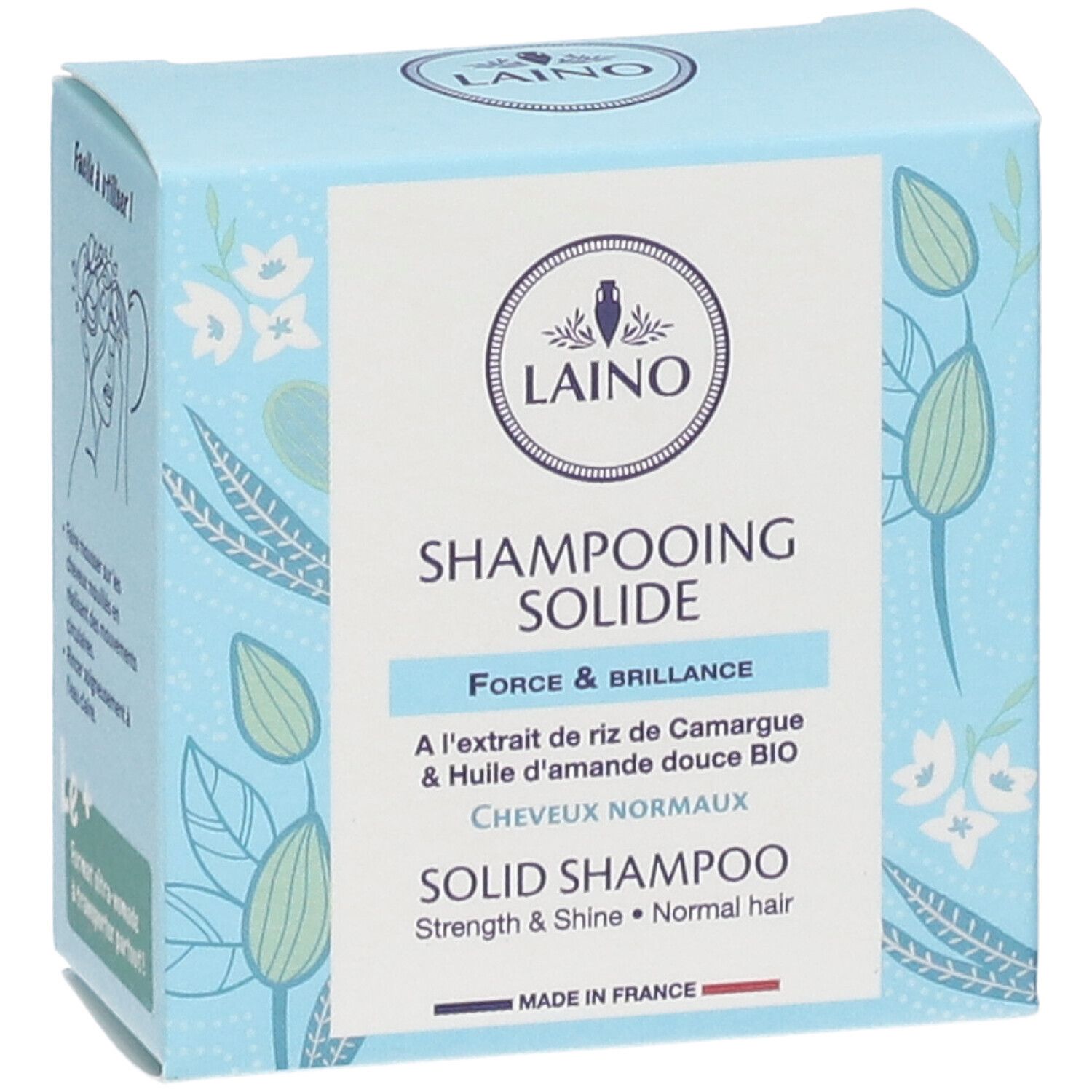 Hellblaue Schachtel mit LAINO-Logo und Produktbezeichnung „Shampooing Solide“. Enthält Informationen zu Inhaltsstoffen und Zertifizierungen.