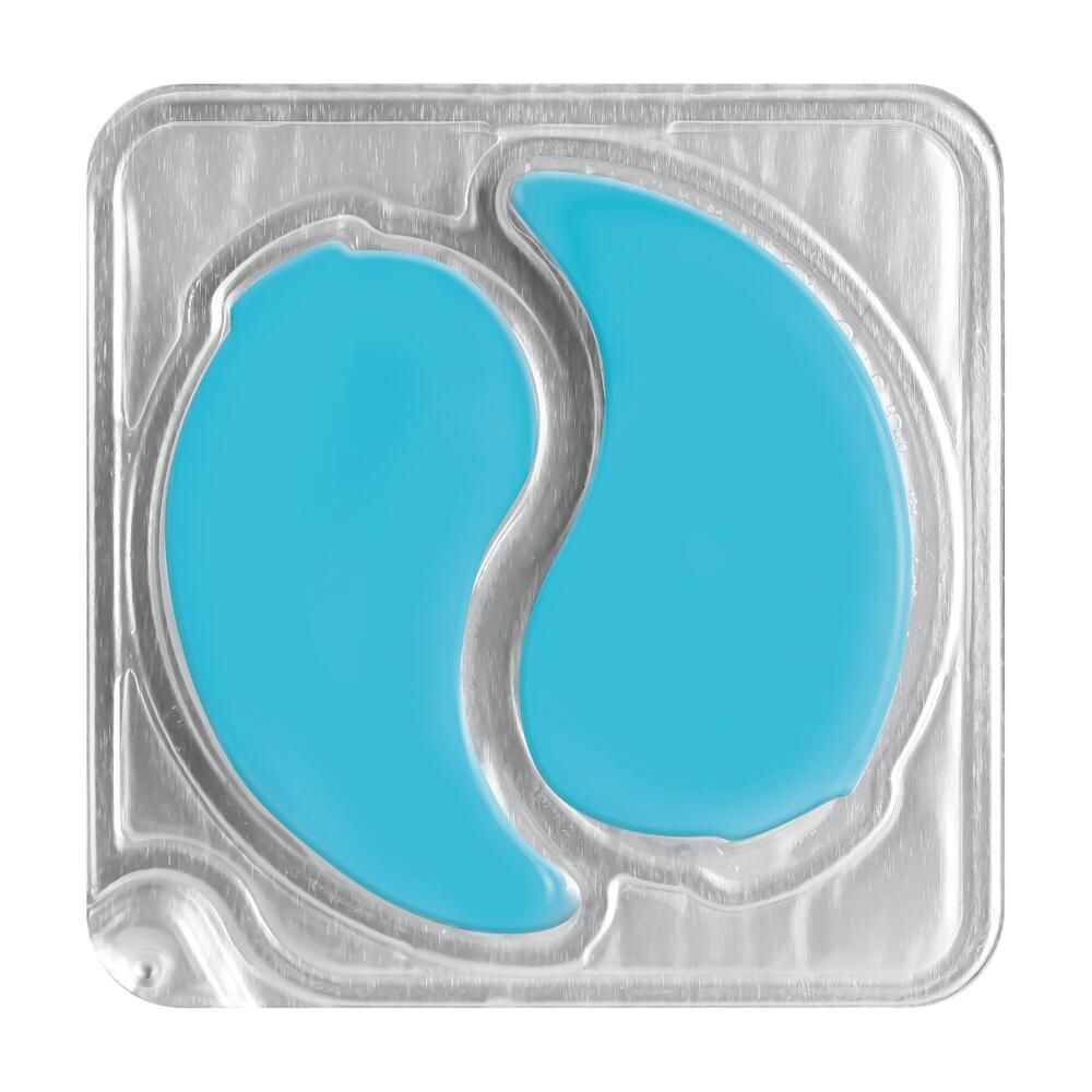 Deux patchs bleus pour les yeux dans un emballage argenté. Les patchs ont une forme de goutte et sont disposés dans une forme carrée.