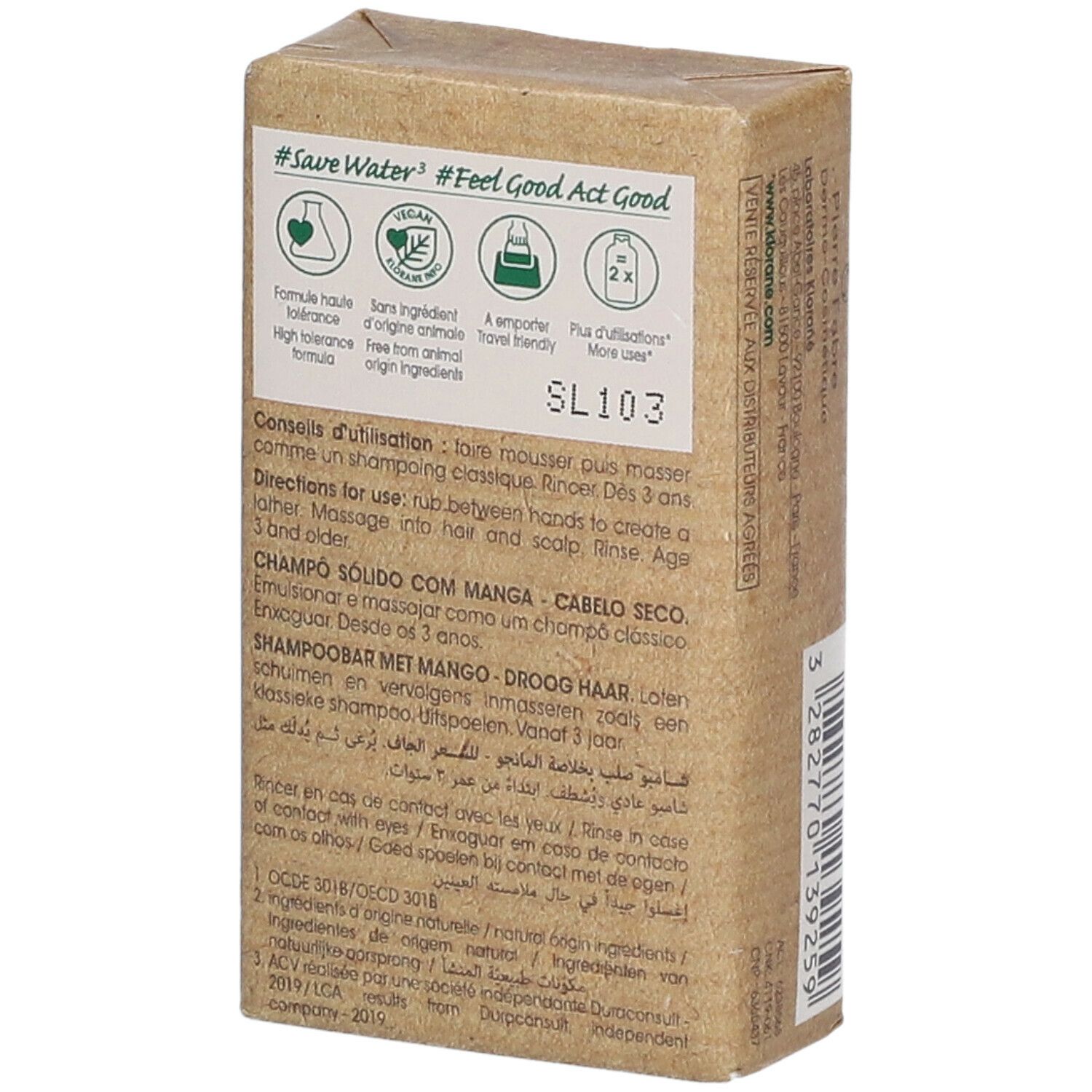Emballage en carton avec illustration de mangue et logo KLORANE. Contient un shampooing solide à la mangue.