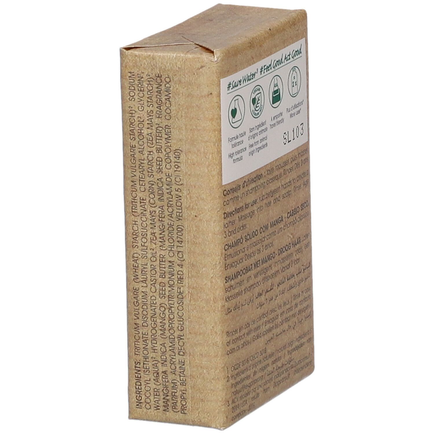 Emballage en carton avec illustration de mangue et logo KLORANE. Contient un shampooing solide à la mangue.
