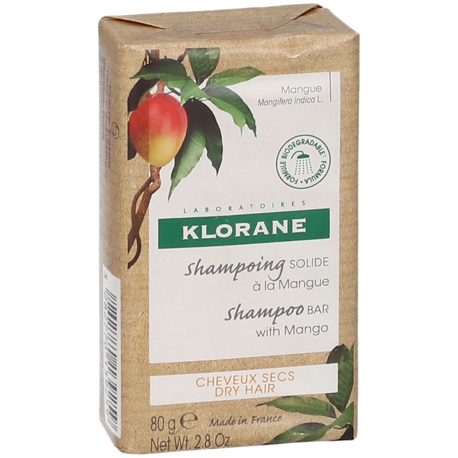 Emballage en carton avec illustration de mangue et logo KLORANE. Contient un shampooing solide à la mangue.