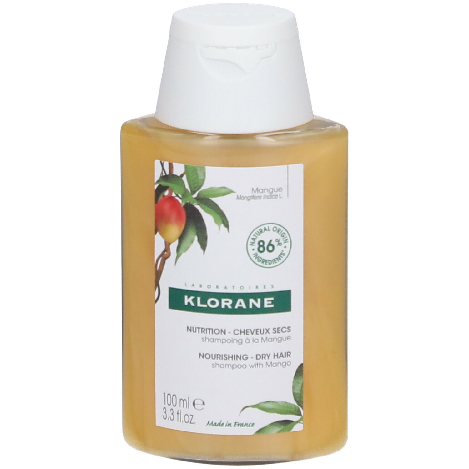Gelbliche Shampoo-Flasche mit weißem Deckel. Aufschrift: KLORANE, Mango, 86% natürliche Inhaltsstoffe. Für trockenes Haar.