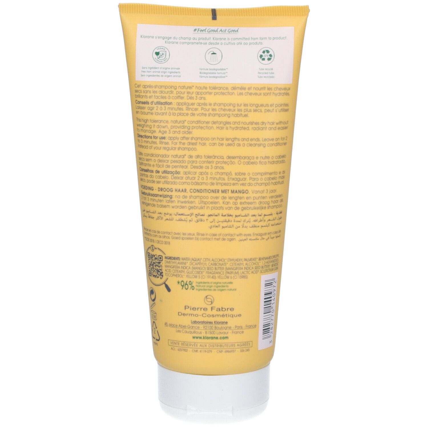 Dos d'un tube jaune. Texte et logos. Informations sur les ingrédients, l'utilisation et le recyclage. 96% ingrédients naturels.
