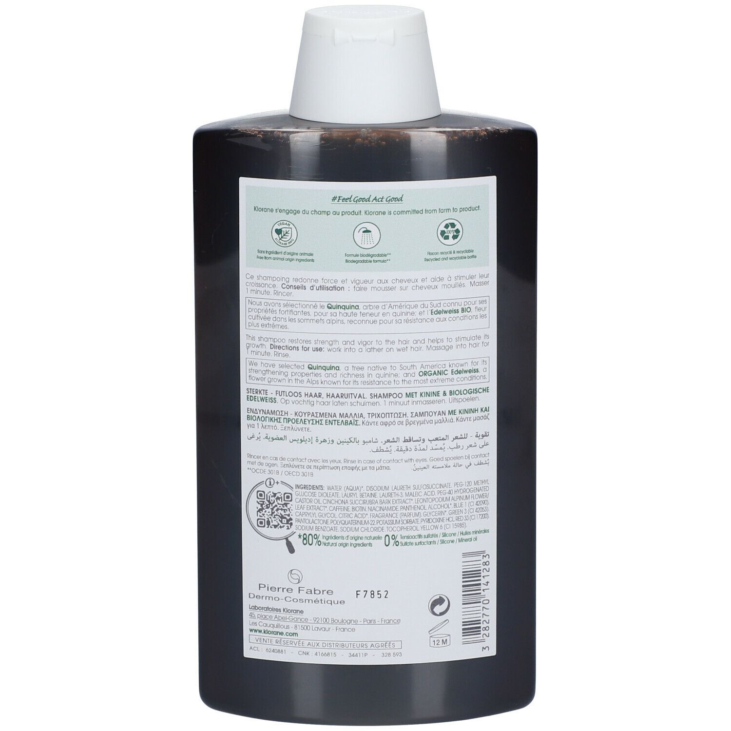 Rückseite einer braunen Flasche mit weißem Deckel. Textinformationen, QR-Code und Zertifizierungen.