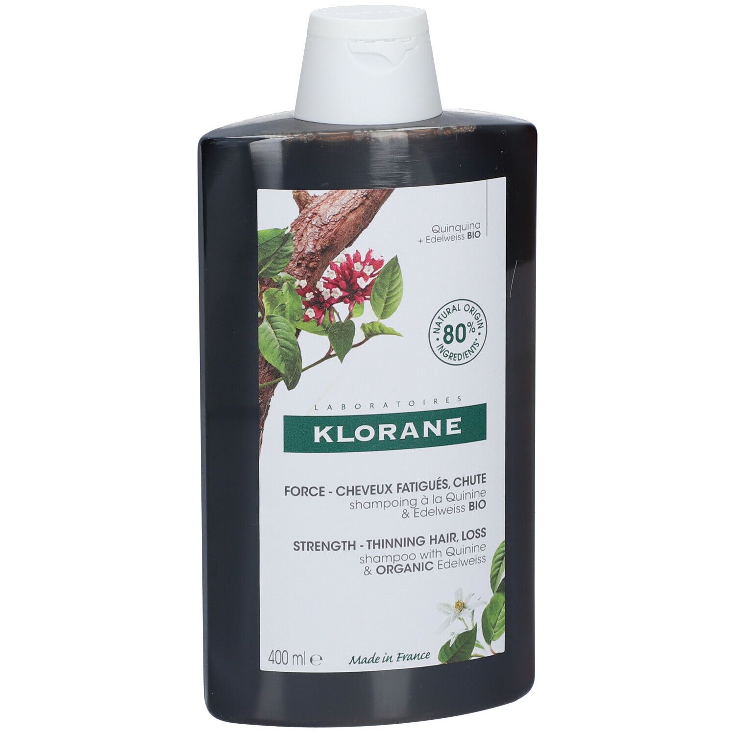 Braune Flasche mit weißem Deckel. Etikett mit Logo, Produktname und Inhaltsstoffen. 400ml.