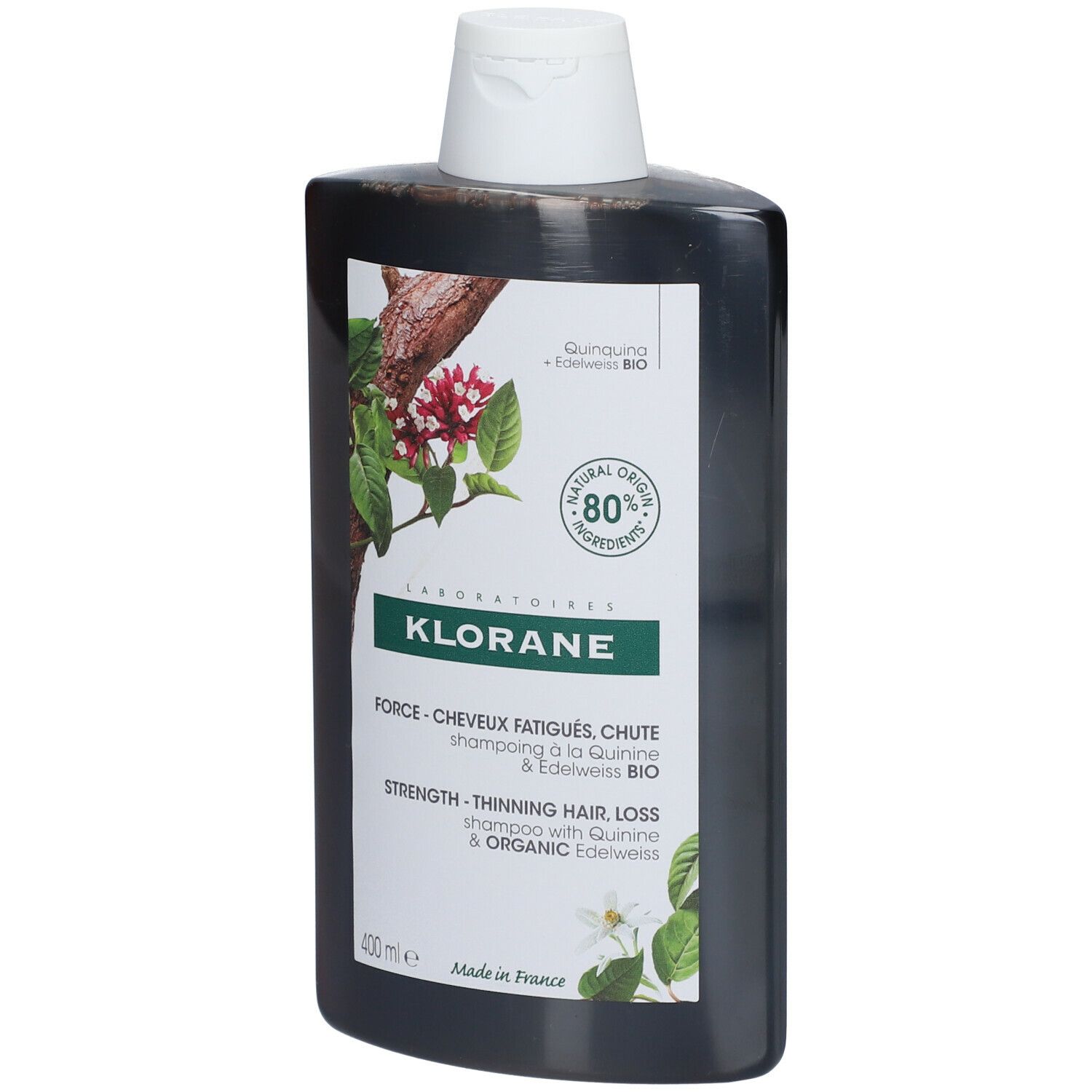 Braune Flasche mit weißem Deckel. Etikett mit Logo, Produktname und Inhaltsstoffen. 400ml.