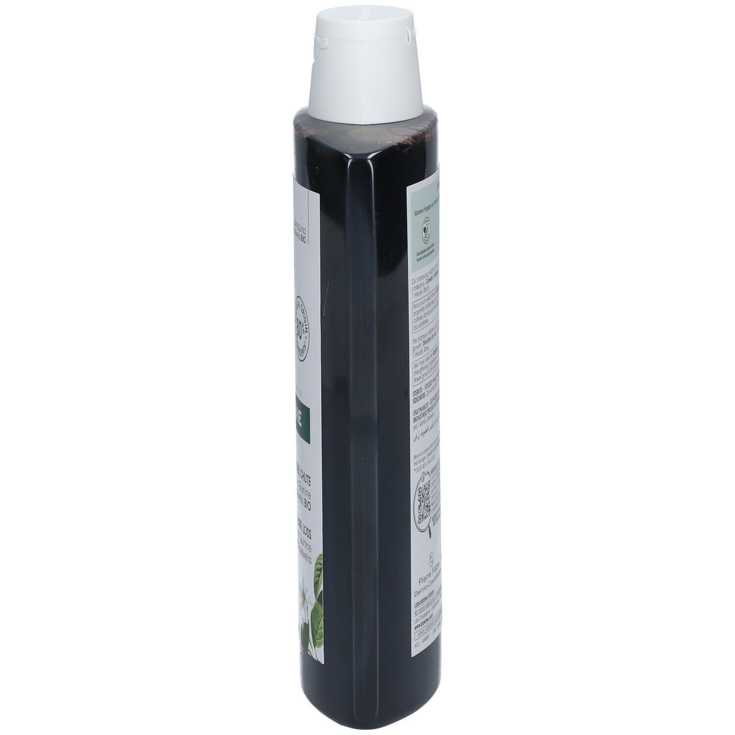 Braune Flasche mit weißem Deckel. Seitenansicht mit Etikett und Text.