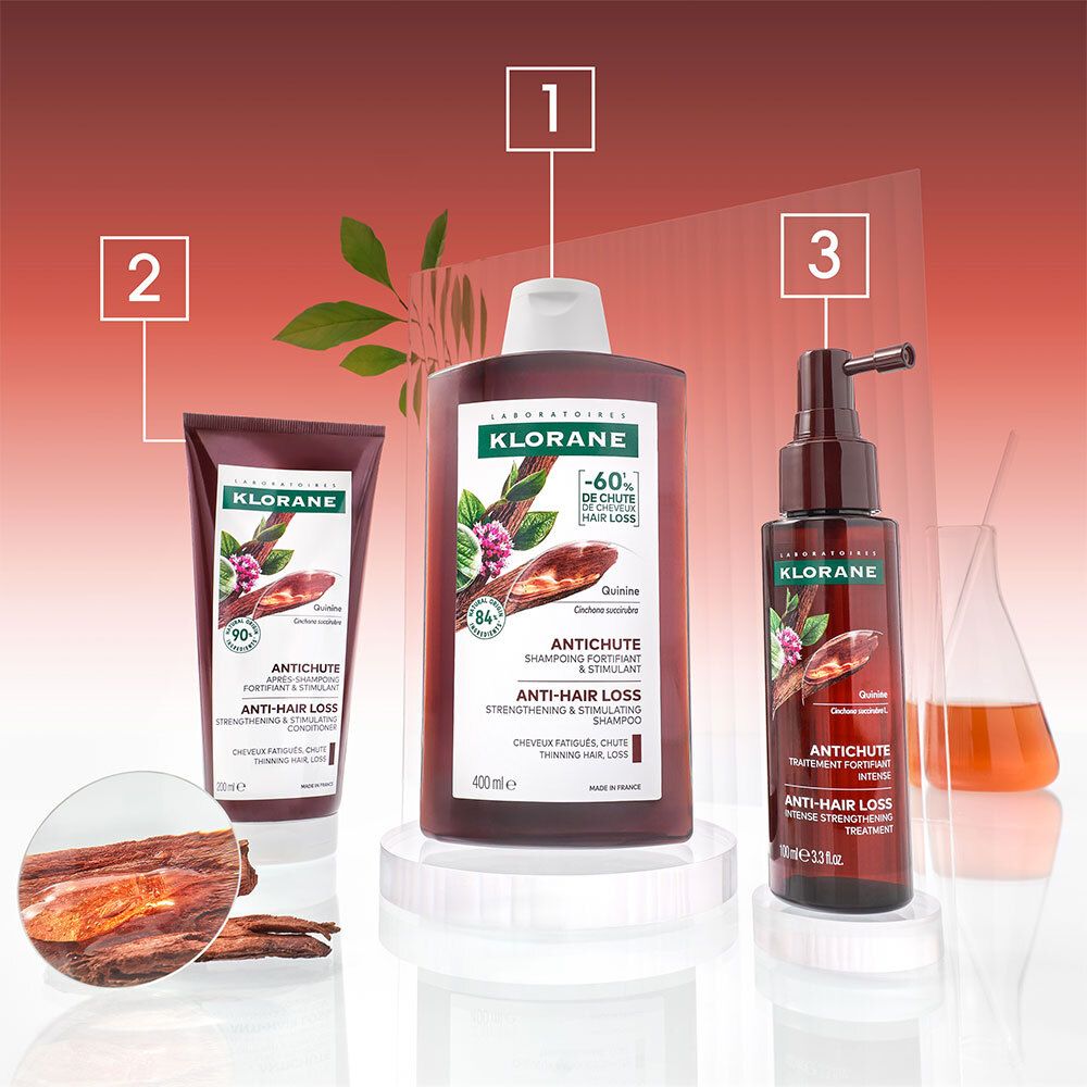 Drei Produkte: Shampoo, Spülung, Behandlung. Holzstücke. Text: KLORANE, Antichute, Anti-Haarausfall.