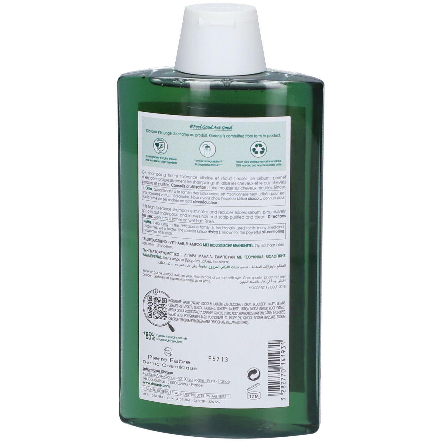 Dos du flacon vert. Texte multilingue. Logo de recyclage. Code QR. Adresse du fabricant.