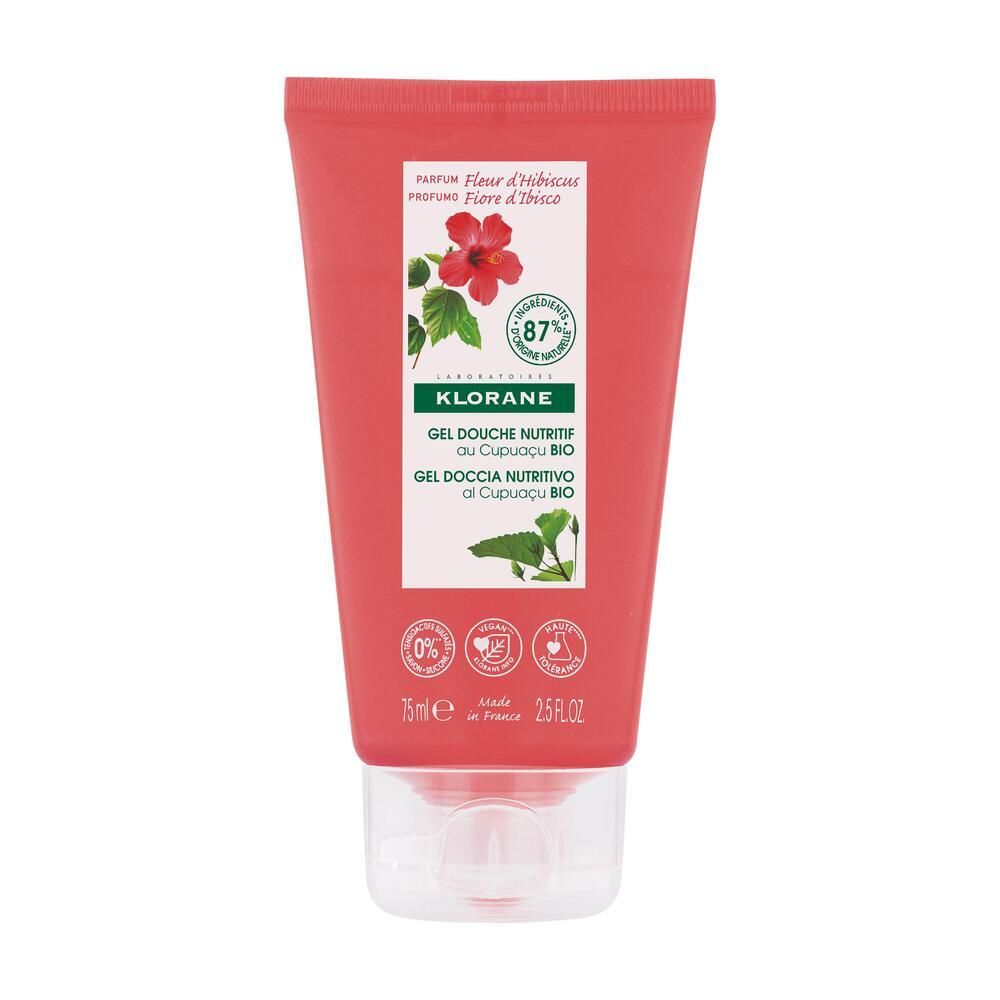 Rote Tube mit KLORANE Duschgel Hibiskusblüte. Aufdrucke: Hibiskusblüte, 87% natürliche Inhaltsstoffe, 75ml.