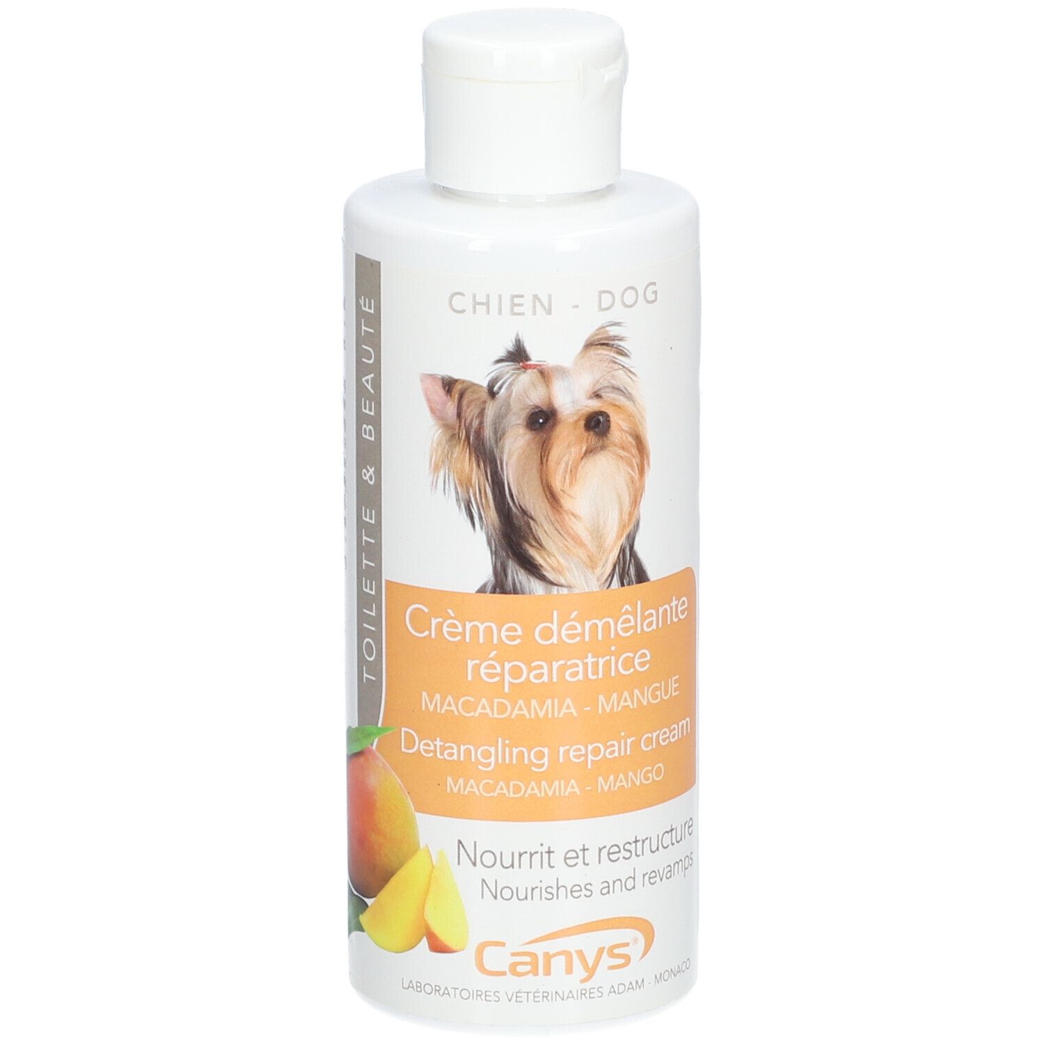 Flacon blanc CANYS® Conditioner. Étiquette avec chien, mangue et nom du produit. Bouchon en haut.