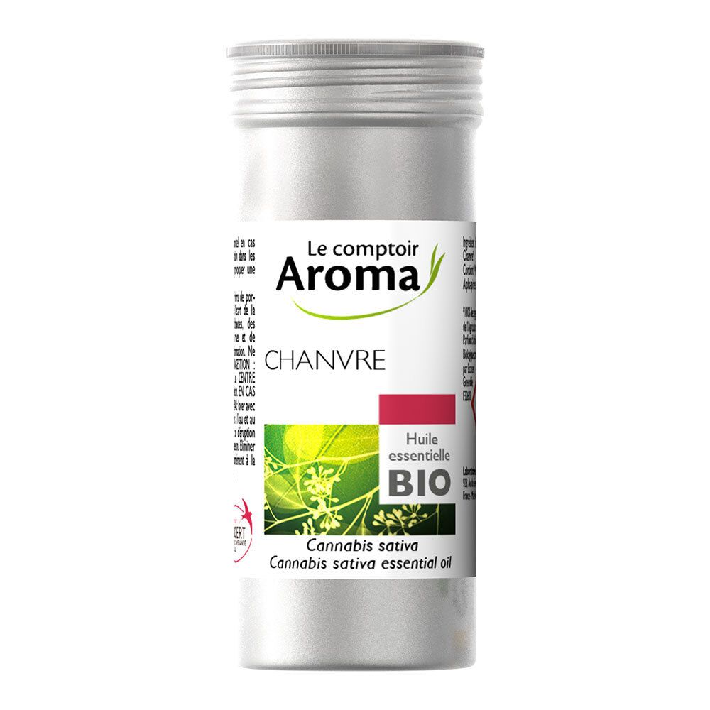 Zylindrische Metallverpackung. Etikett mit "Le comptoir Aroma", "Chanvre", "Huile essentielle BIO".