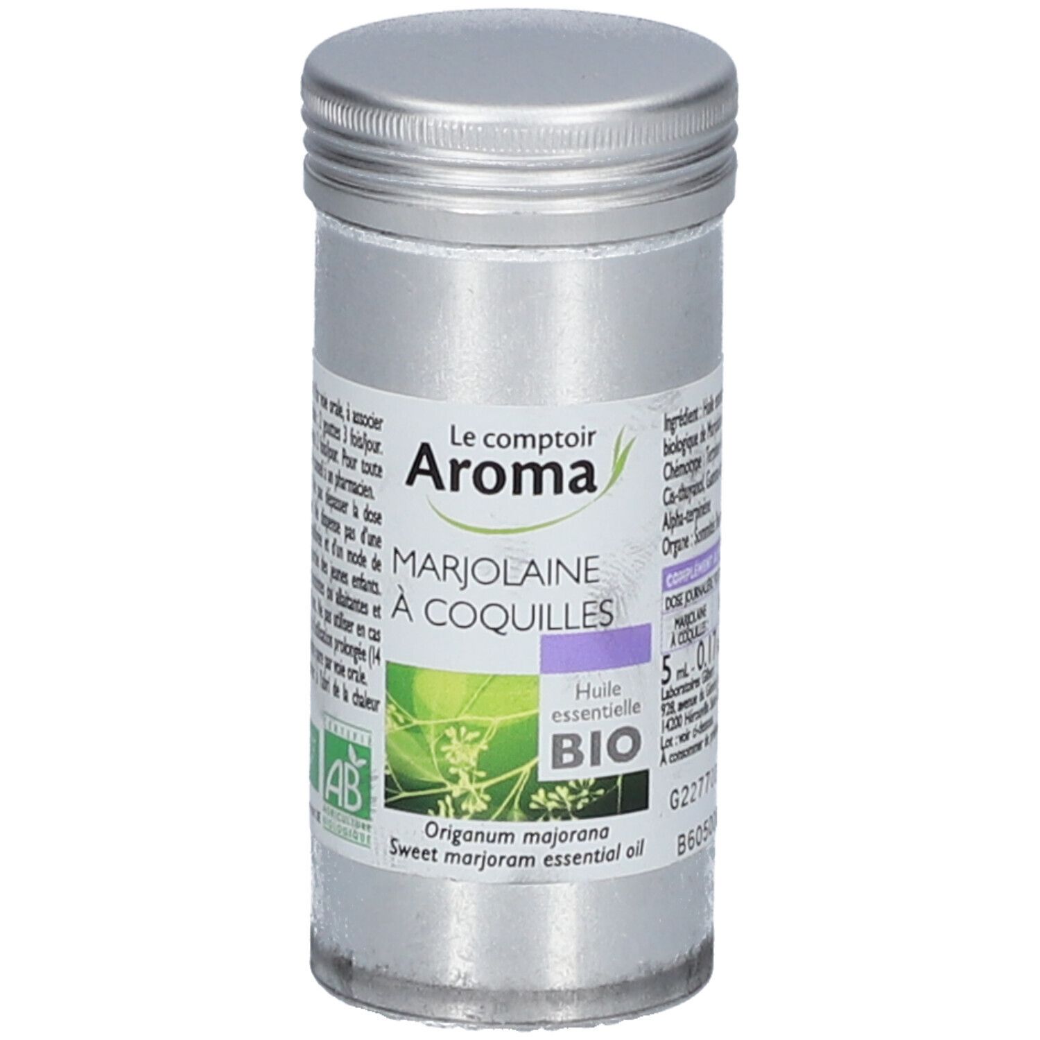 Zylindrische Dose mit Schraubverschluss. Aufschrift: Le Comptoir Aroma, Marjolaine à Coquilles, BIO. Enthält ätherisches Öl. AB-Zertifizierung.