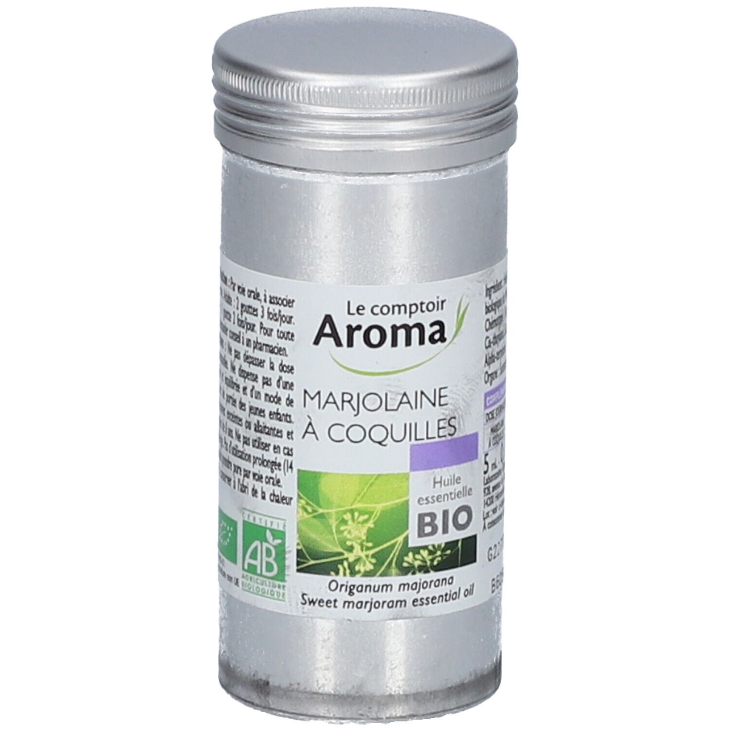 Zylindrische Dose mit Schraubverschluss. Aufschrift: Le Comptoir Aroma, Marjolaine à Coquilles, BIO. Enthält ätherisches Öl. AB-Zertifizierung.