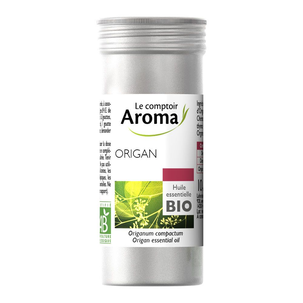 Flacon cylindrique avec étiquette. Inscription: Le Comptoir Aroma, Origan, Huile essentielle BIO. Label AB.