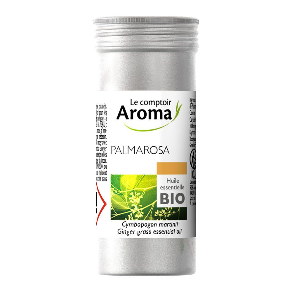 Emballage cylindrique en métal. Étiquette "Le comptoir Aroma" et "Palmarosa".
