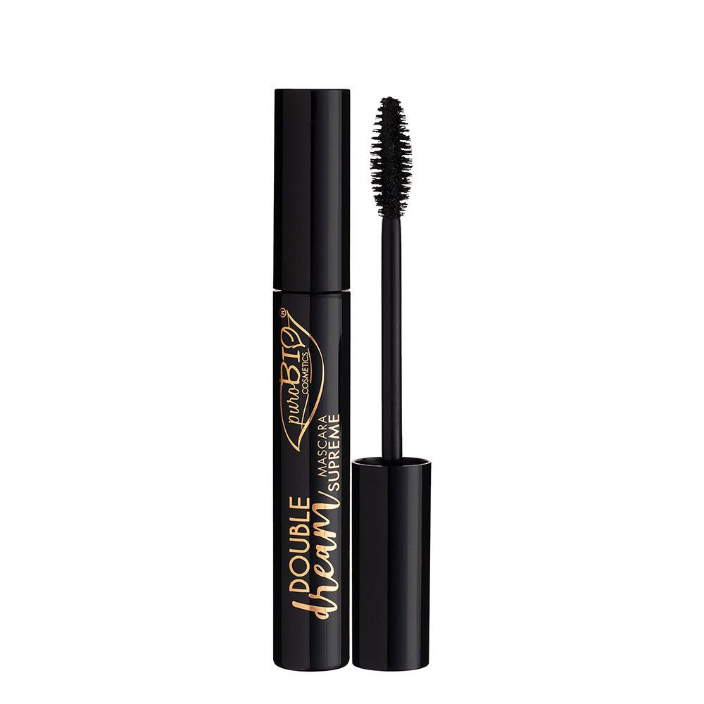 Schwarze Mascara-Tube mit Bürste. Aufschrift: Double Dream, Mascara Supreme, puroBIO cosmetics.