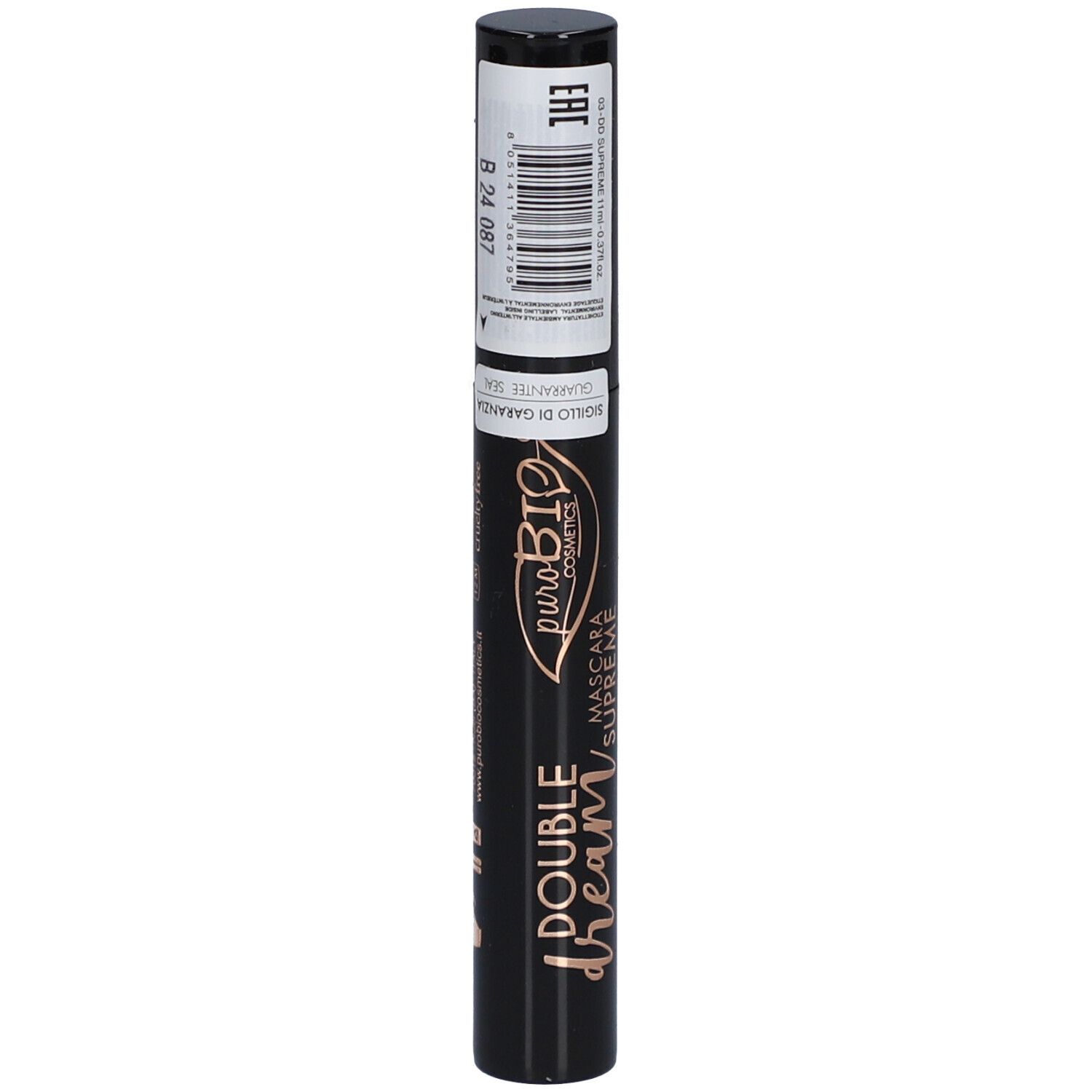 Schwarze Mascara-Tube mit Etikett. Aufschrift: Double Dream, Mascara Supreme, puroBIO cosmetics. Barcode.