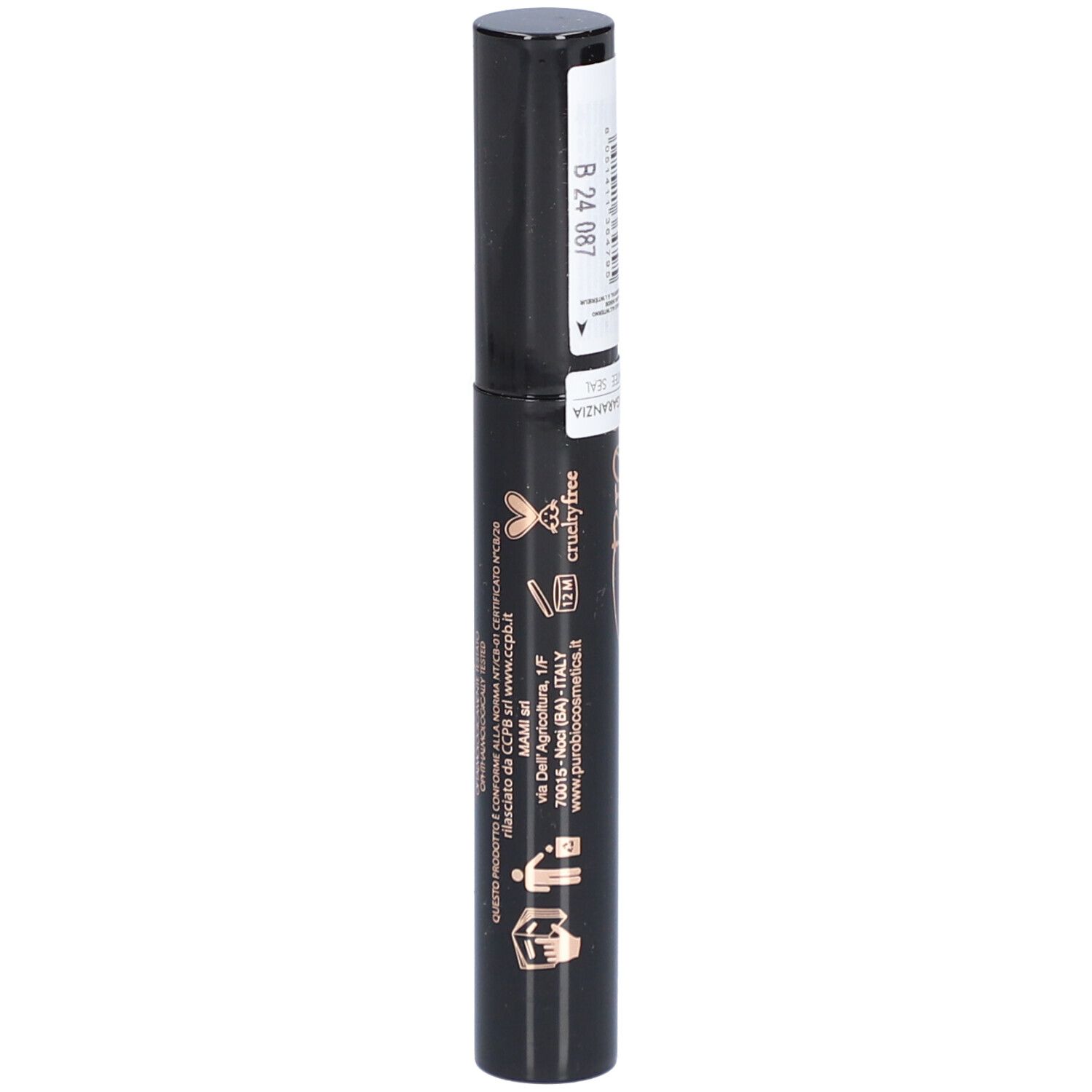 Schwarze Mascara-Tube mit Etikett. Aufschrift: Double Dream, Mascara Supreme, puroBIO cosmetics. Cruelty Free.