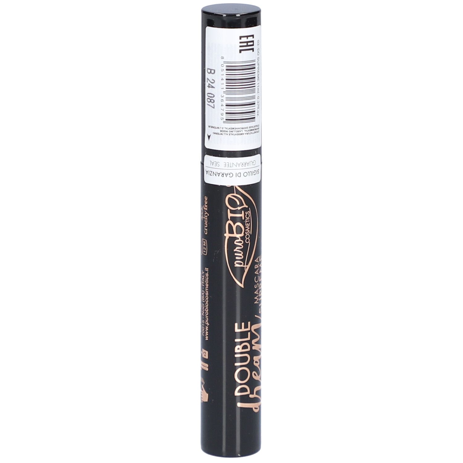 Schwarze Mascara-Tube mit Etikett. Aufschrift: Double Dream, Mascara Supreme, puroBIO cosmetics. Barcode.