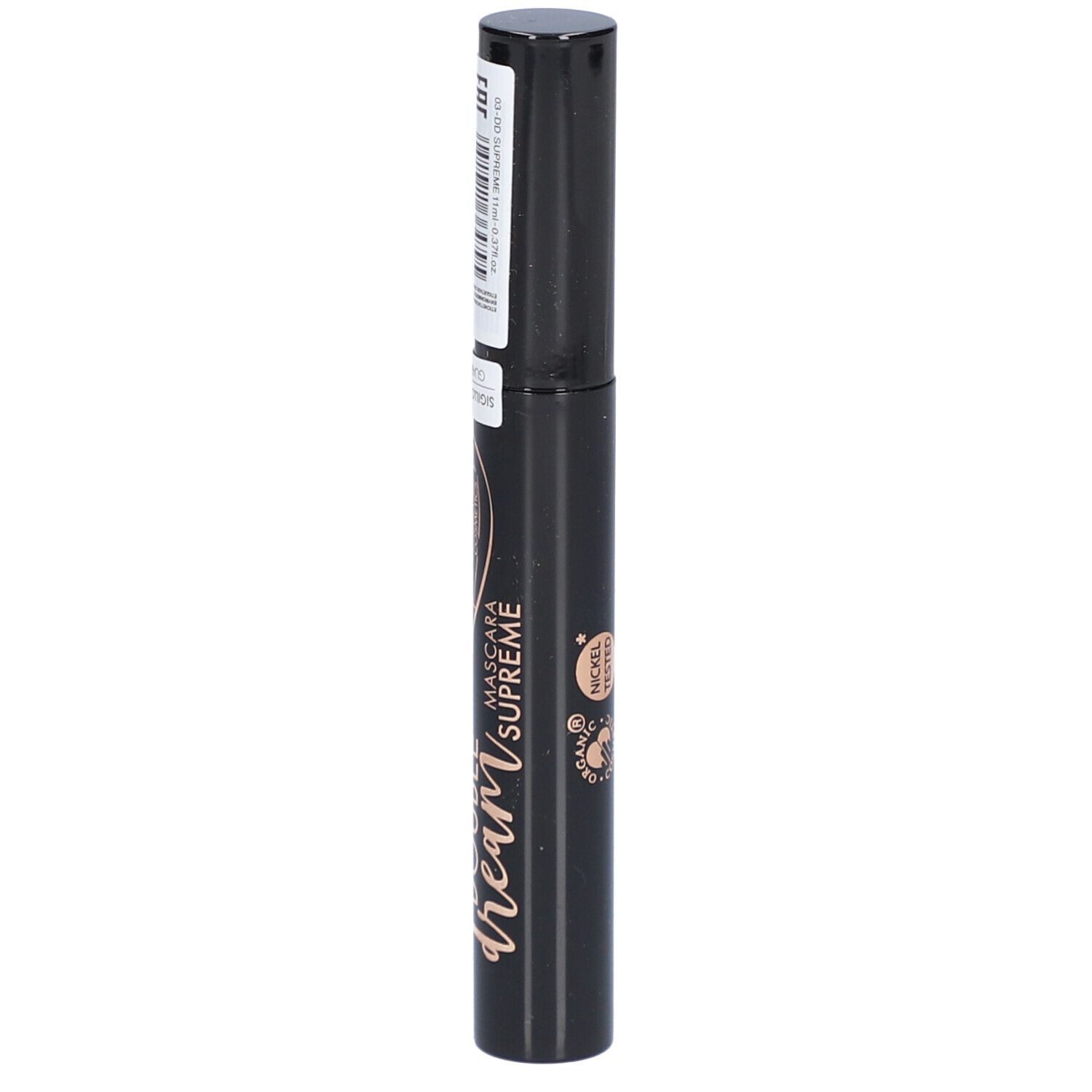 Schwarze Mascara-Tube mit Etikett. Aufschrift: Double Dream, Mascara Supreme, puroBIO cosmetics. Nickel Tested.