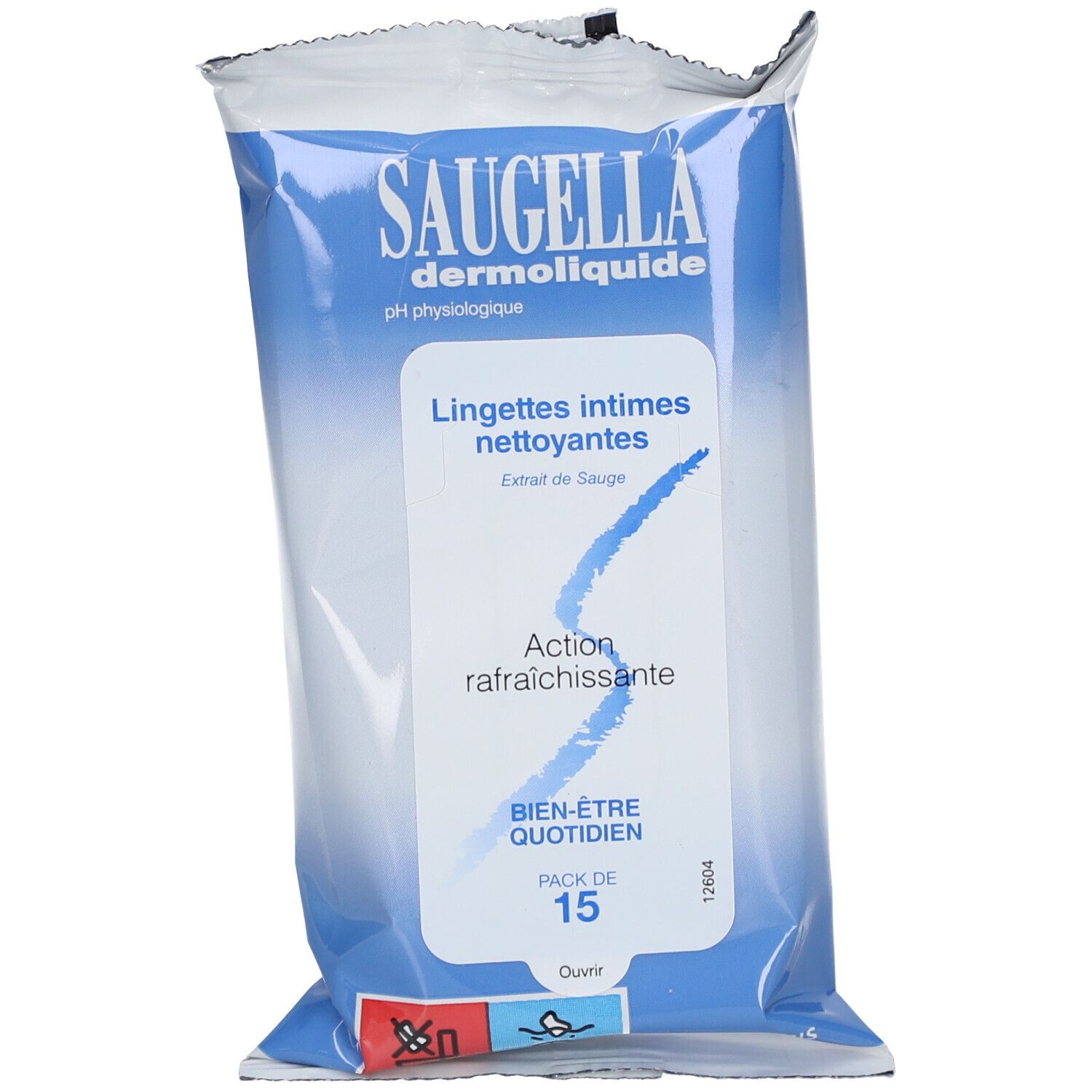 Paquet de lingettes intimes. Inscription: SAUGELLA, dermoliquide, Lingettes intimes nettoyantes, Pack de 15.