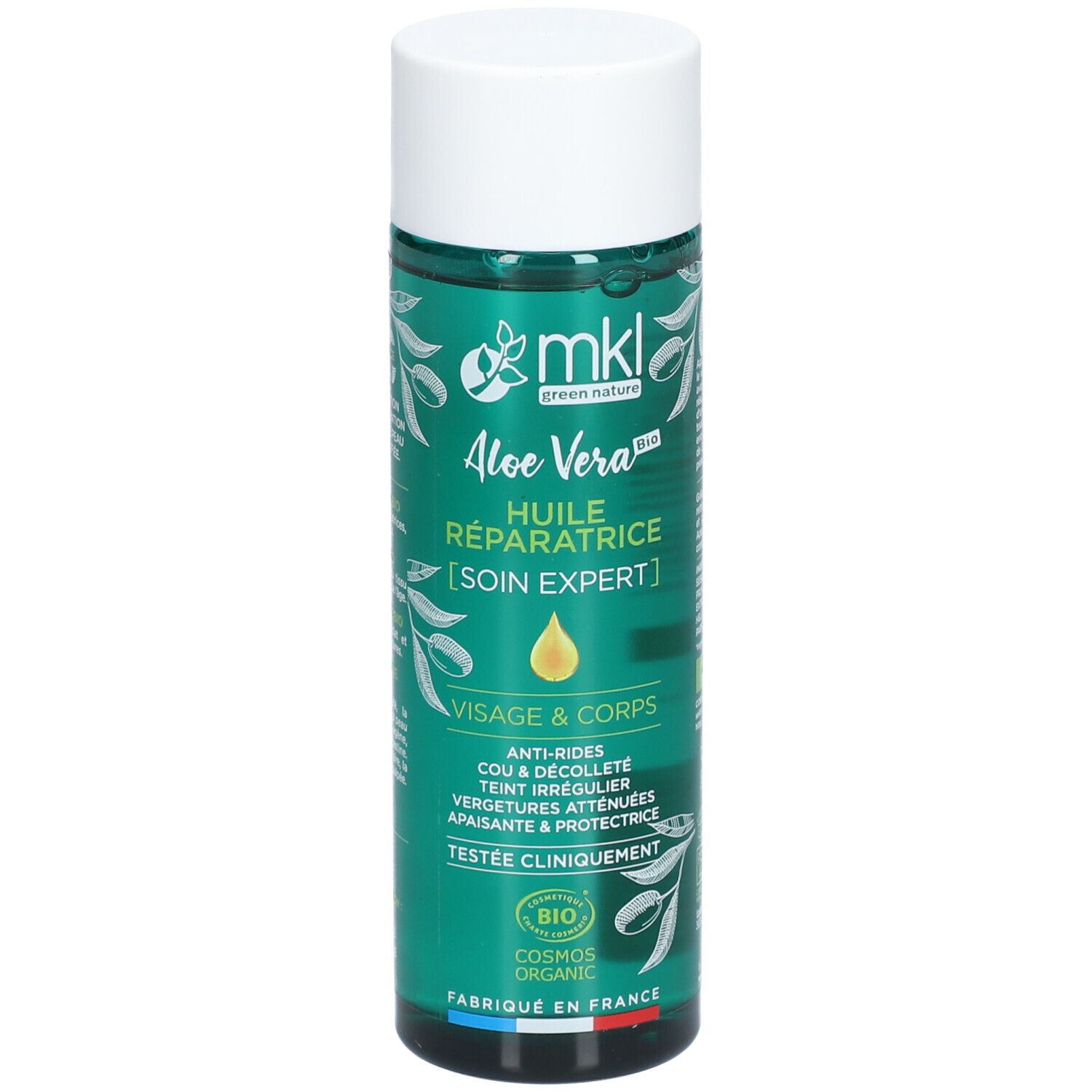 Flacon vert avec bouchon blanc. Inscriptions: mkl, Aloe Vera, Huile Réparatrice, Visage & Corps. Certification Bio.