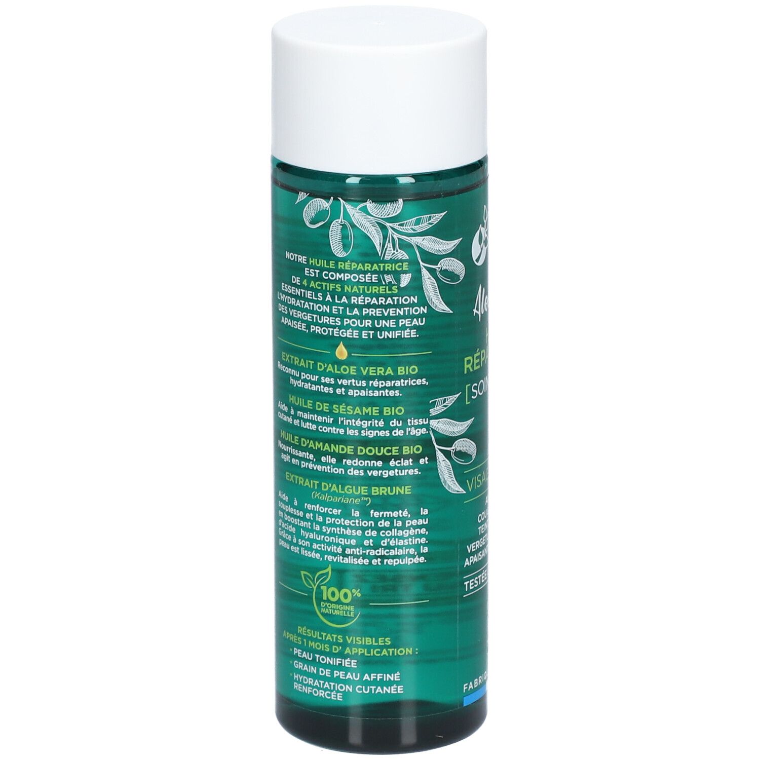 Dos du flacon vert. Texte sur les ingrédients et les effets. Certification Bio et ingrédients 100% naturels.