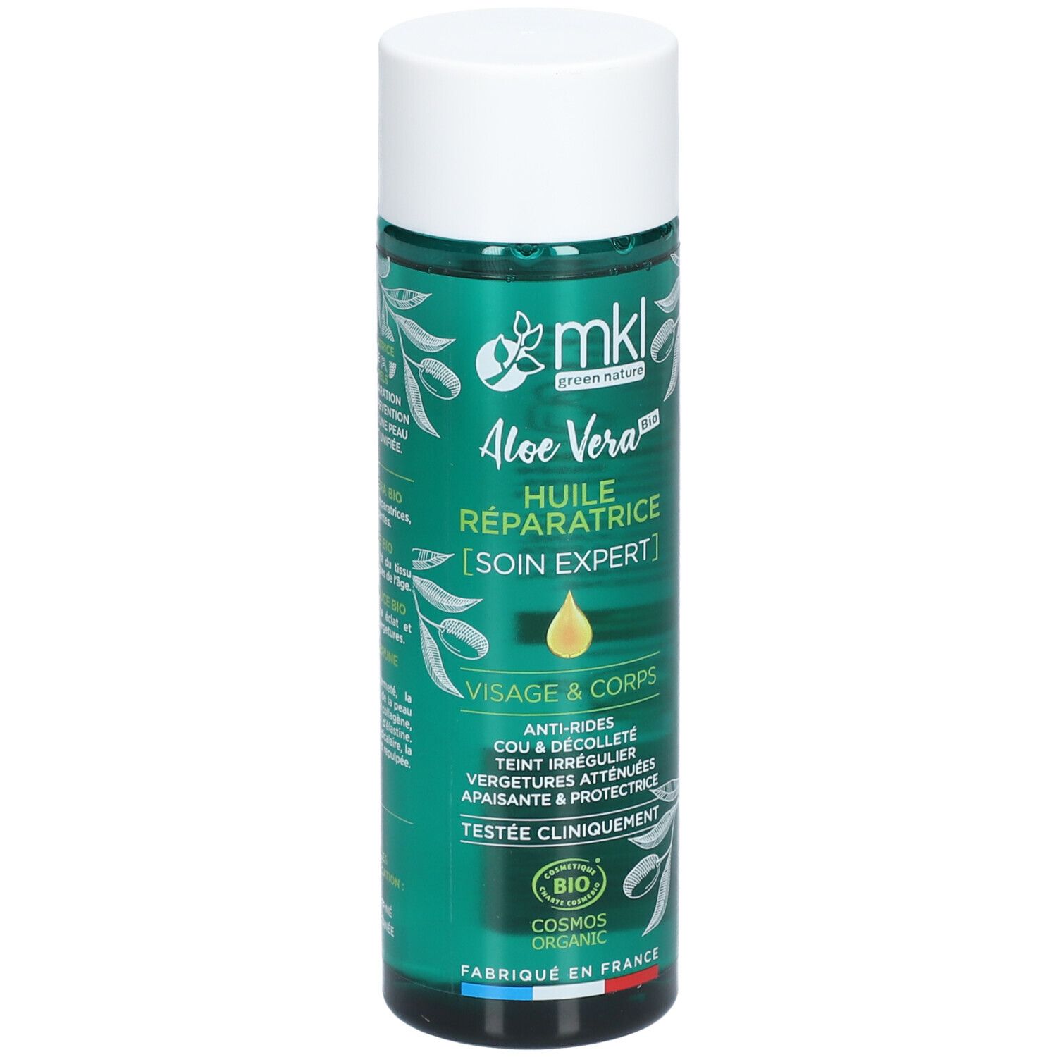 Flacon vert avec bouchon blanc. Inscriptions: mkl, Aloe Vera, Huile Réparatrice, Visage & Corps. Certification Bio.