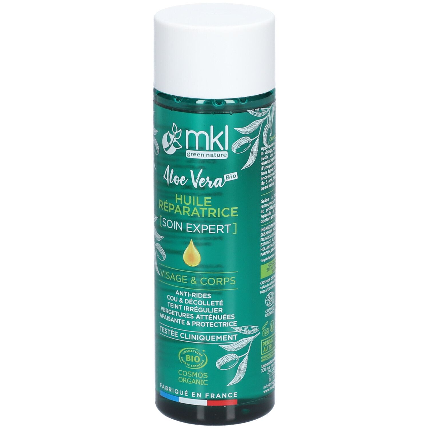 Flacon vert avec bouchon blanc. Inscriptions: mkl, Aloe Vera, Huile Réparatrice, Visage & Corps. Certification Bio.