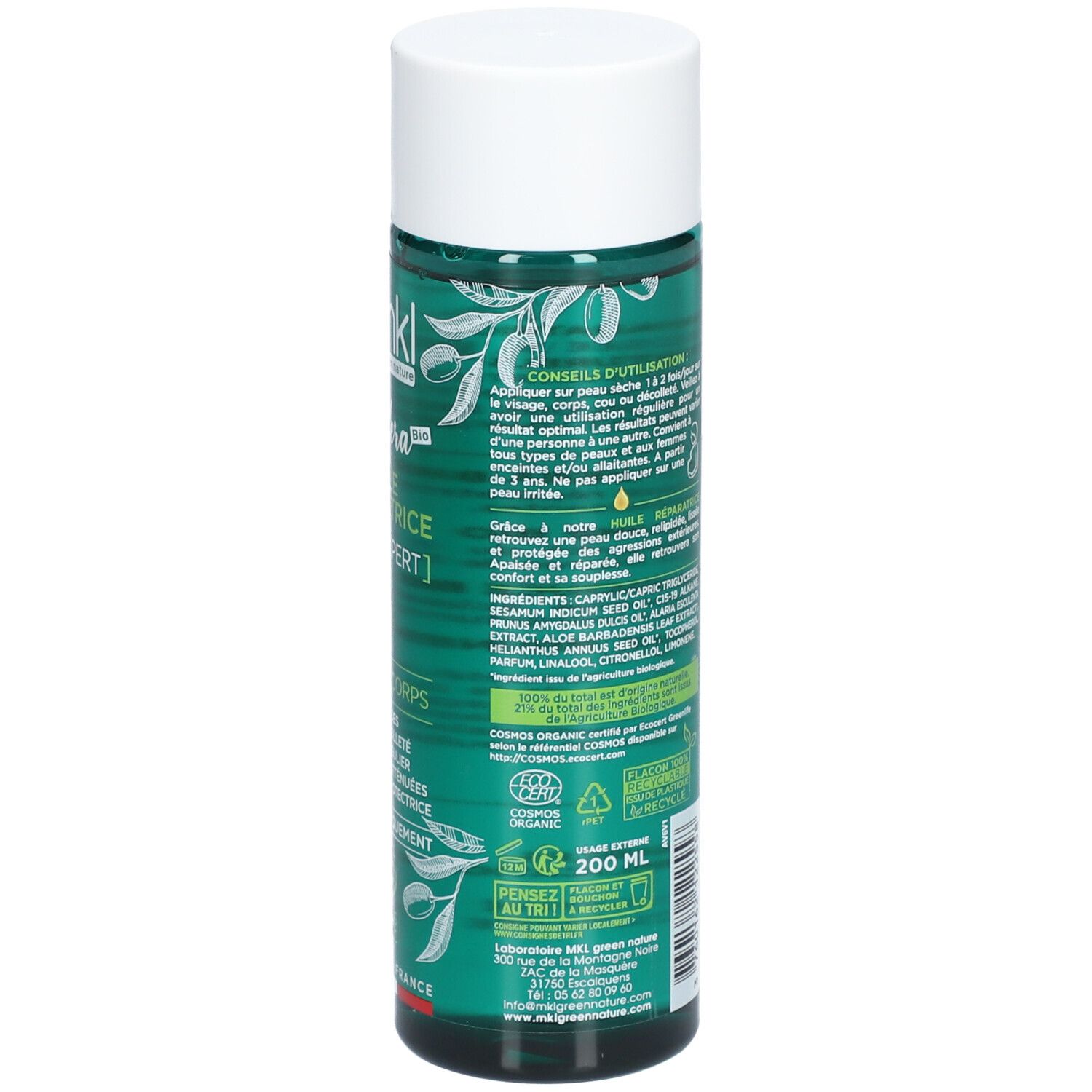 Dos du flacon vert. Texte sur l'utilisation et les ingrédients. Volume: 200 ml. Certification Bio.