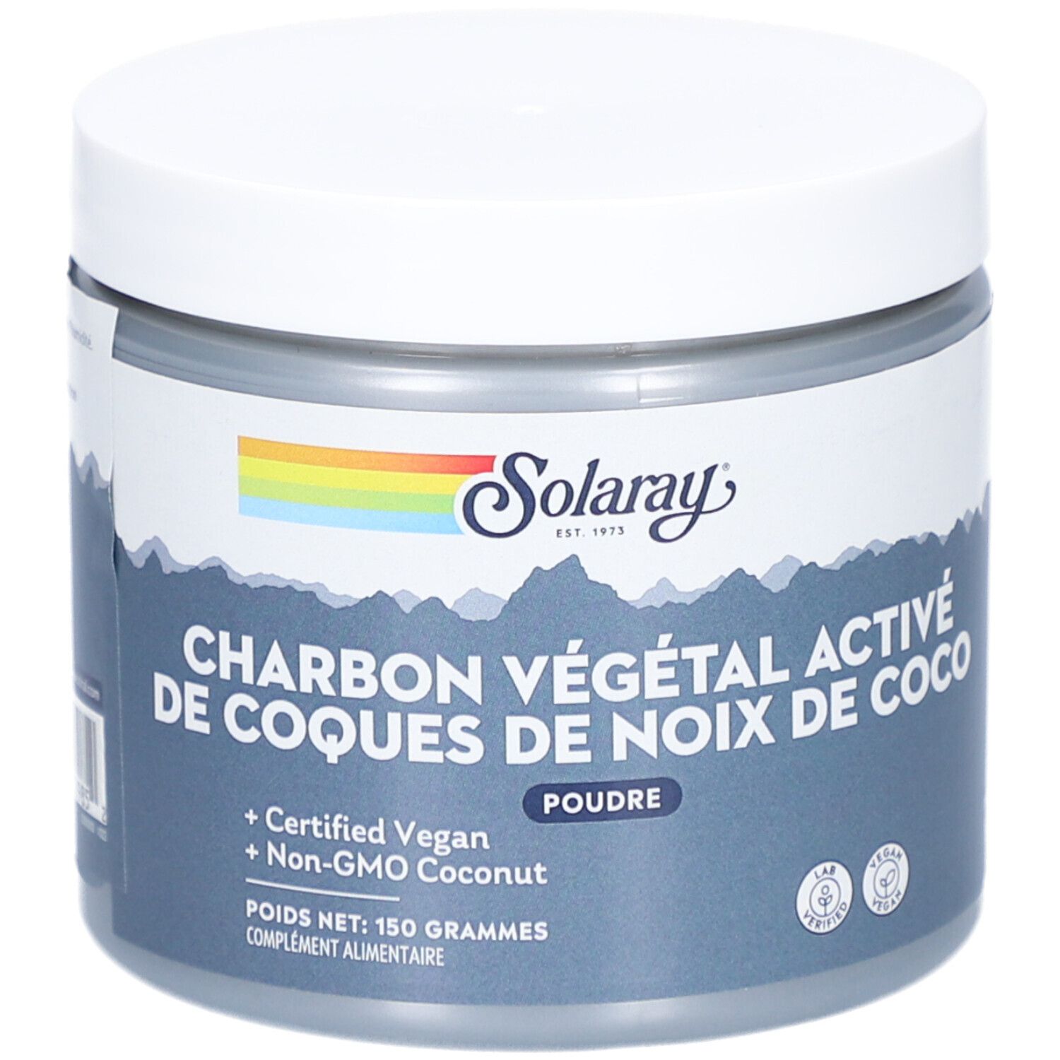 Runde Dose mit weißem Deckel. Aufschrift: SOLARAY, CHARBON VÉGÉTAL ACTIF DE COQUES DE NOIX DE COCO. Vegan-Zertifizierung.