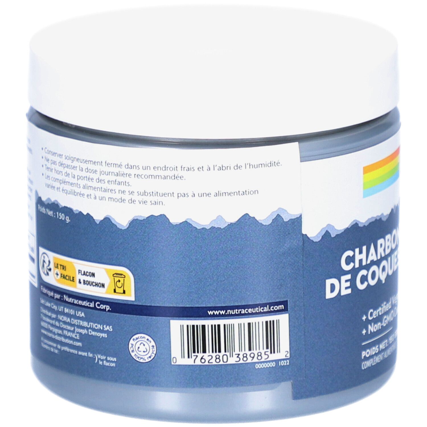 Rückseite der Dose. Text: CHARBON DE COQUE. Barcode und Informationen zu Hersteller und Inhaltsstoffen.