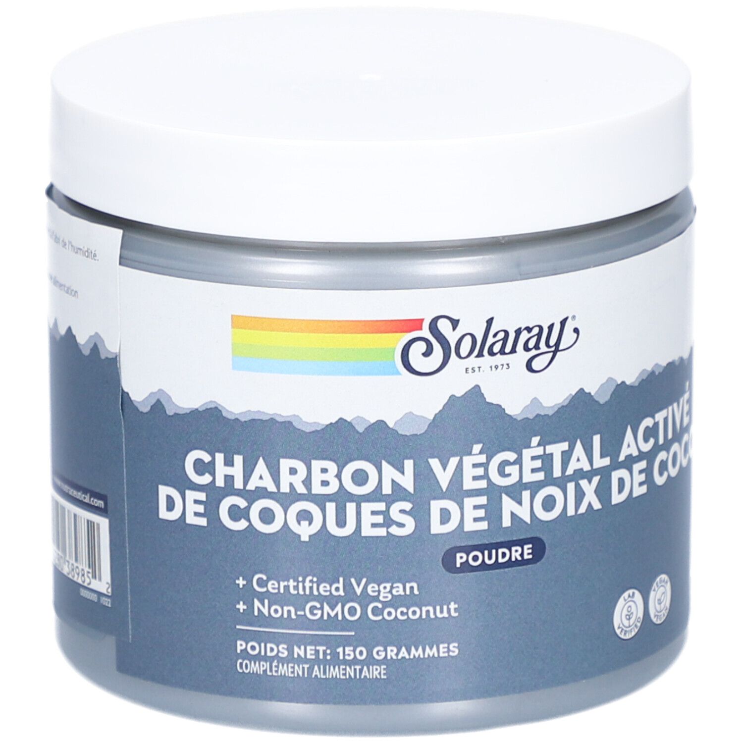 Runde Dose mit weißem Deckel. Aufschrift: SOLARAY, CHARBON VÉGÉTAL ACTIF DE COQUES DE NOIX DE COCO. Vegan-Zertifizierung.