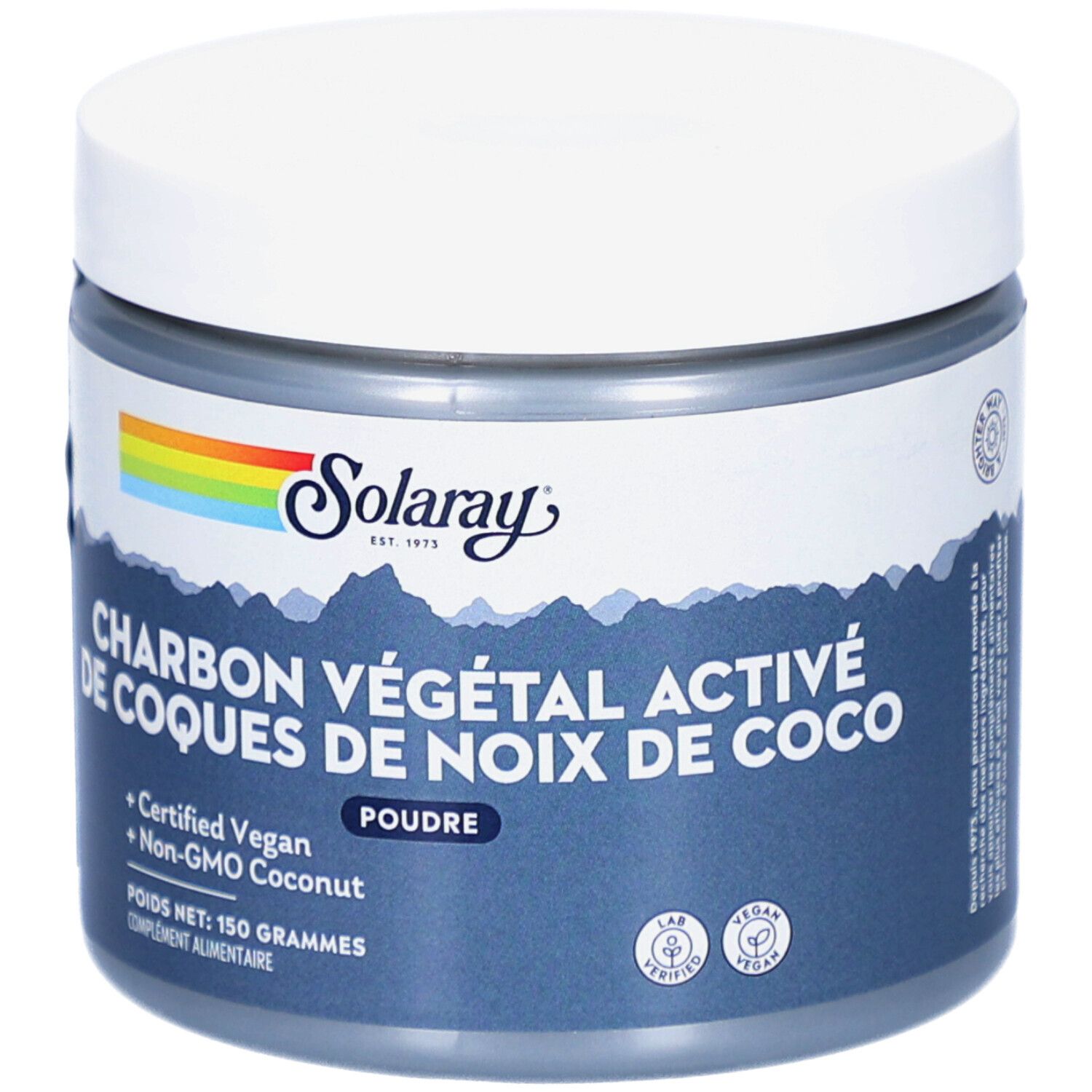 Runde Dose mit weißem Deckel. Aufschrift: SOLARAY, CHARBON VÉGÉTAL ACTIF DE COQUES DE NOIX DE COCO. Vegan-Zertifizierung.