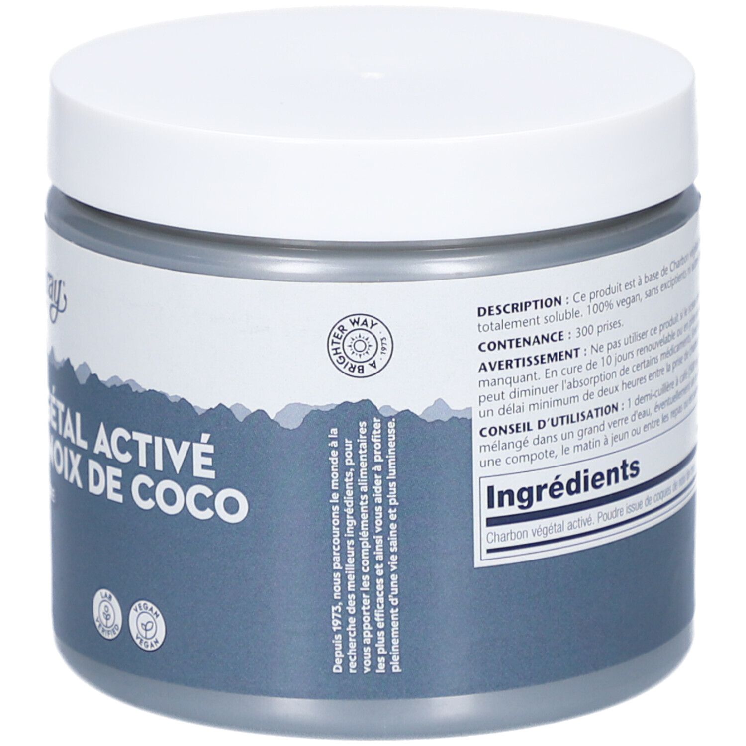 Runde Dose mit weißem Deckel. Aufschrift: CHARBON VÉGÉTAL ACTIF DE COQUES DE NOIX DE COCO. Vegan-Zertifizierung.