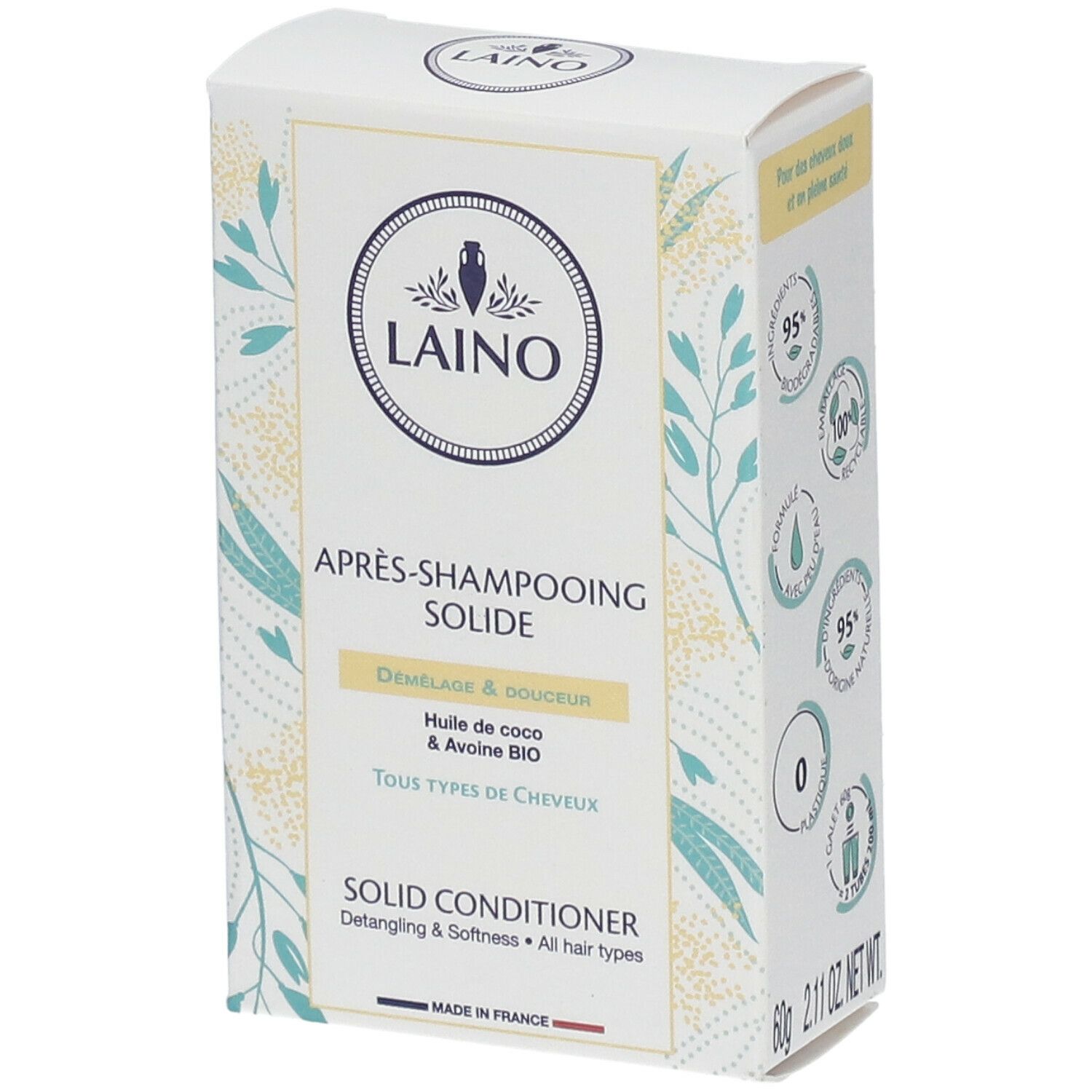 Boîte de conditionneur solide LAINO. Inscriptions: APRES-SHAMPOOING SOLIDE, SOLID CONDITIONER. Huile de coco et avoine BIO. Tous types de cheveux.