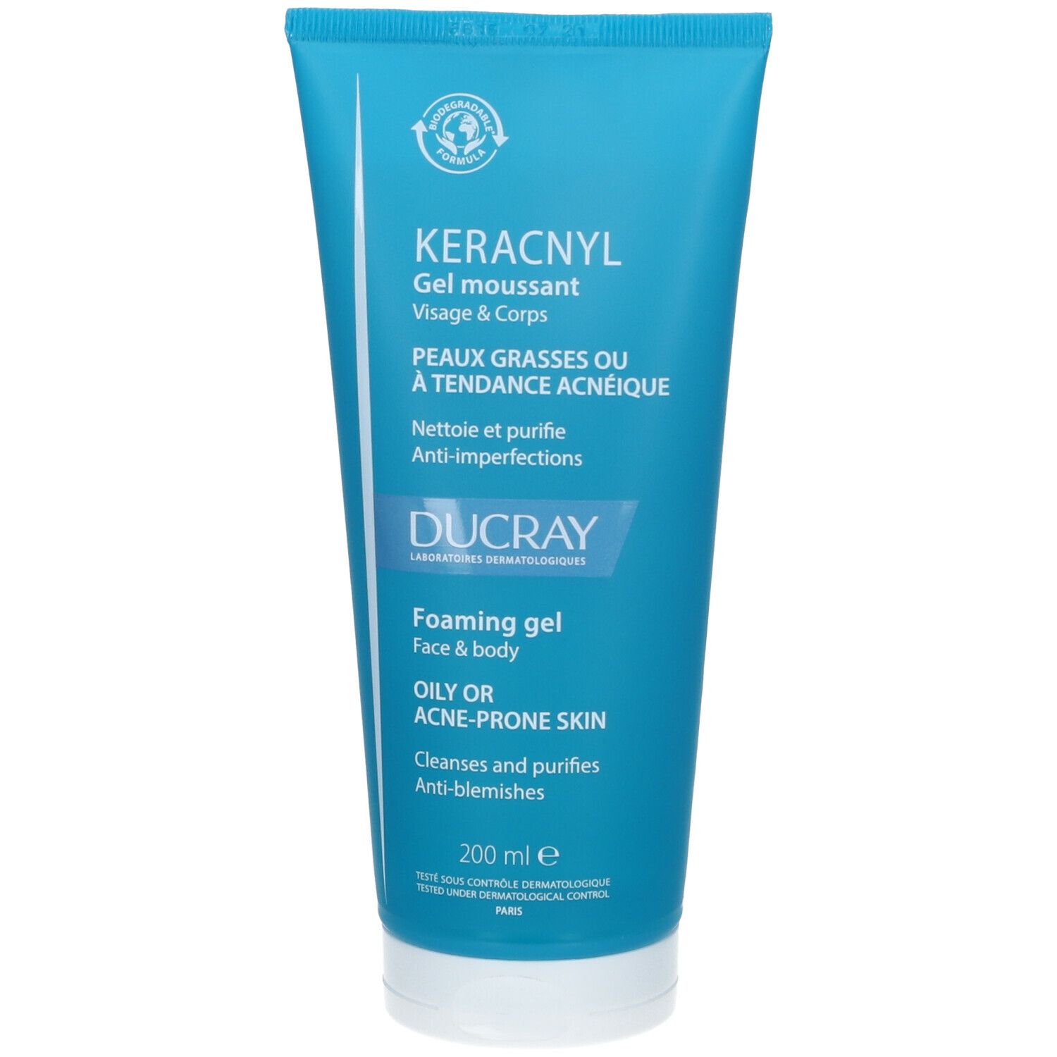 Tube bleu-turquoise avec nom et description du produit. DUCRAY KERACNYL Gel moussant pour peaux grasses ou à tendance acnéique.