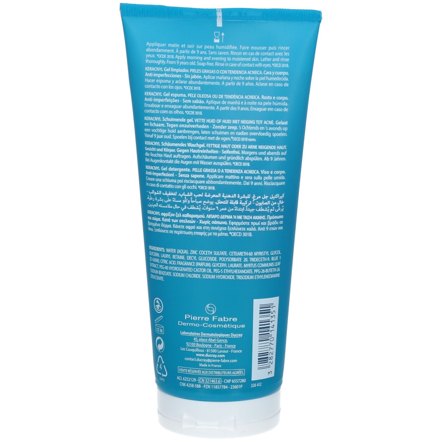 Dos du tube avec informations produit en plusieurs langues. Contient les ingrédients et les informations du fabricant.