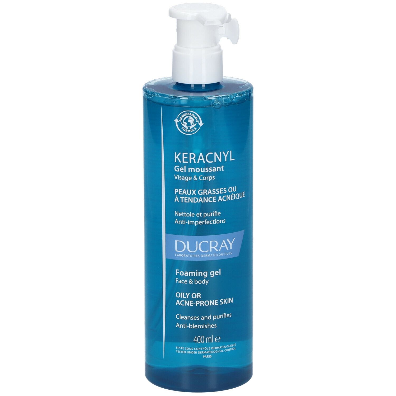 Blau-transparente Flasche mit Pumpe. Text: KERACNYL, Gel moussant, Visage & Corps. Marke DUCRAY. 400 ml.