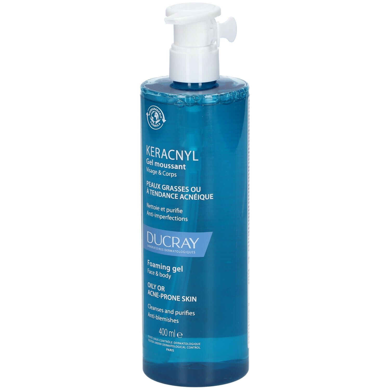 Blau-transparente Flasche mit Pumpe. Text: KERACNYL, Gel moussant, Visage & Corps. Marke DUCRAY. 400 ml.